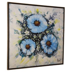 Pittura ad olio originale MCM! Fiori blu Art Decor 1960s 1970s