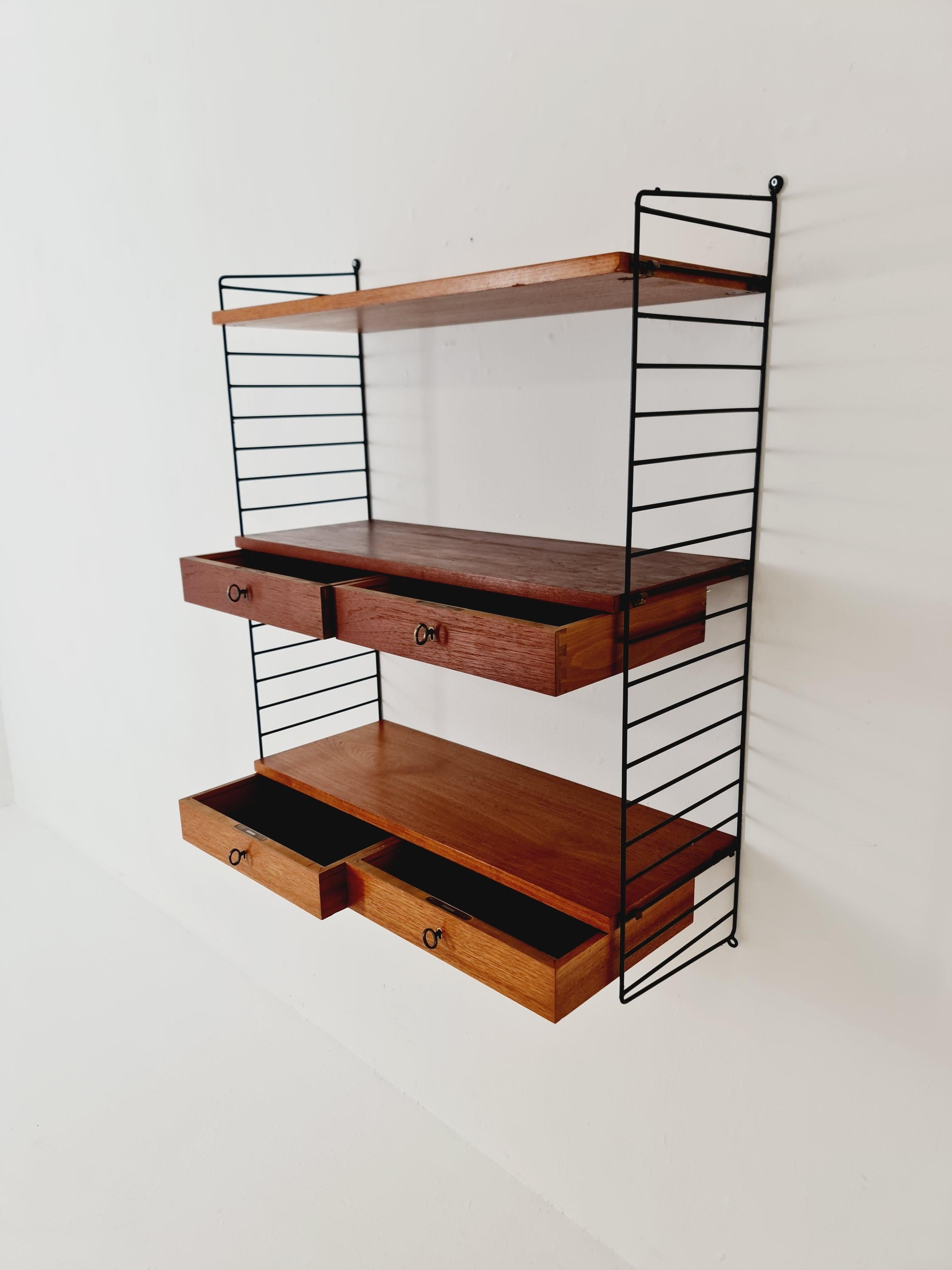 Original MCM Teak shelving system - consists of black lacquered metal ladders 6