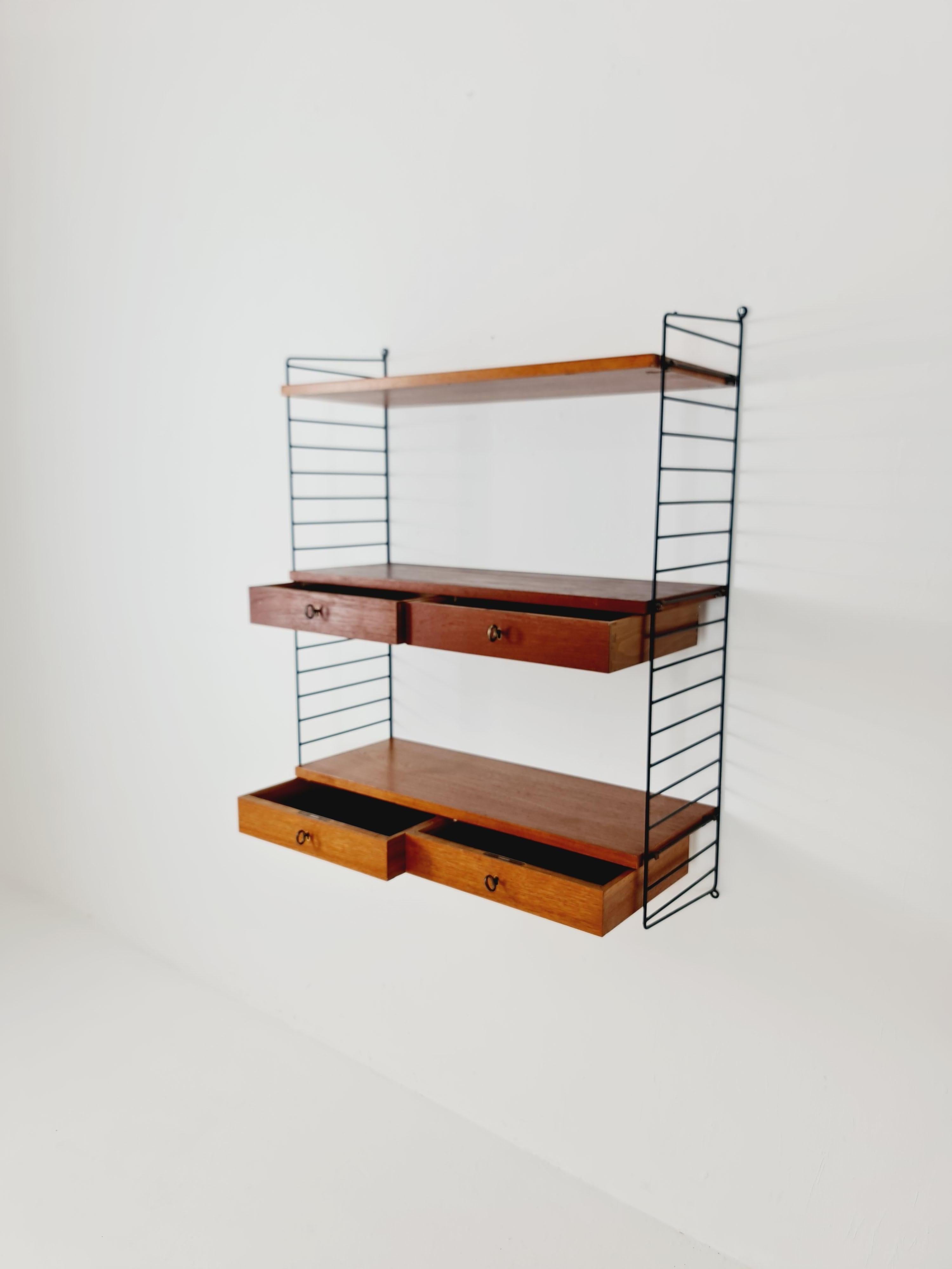 Original MCM Teak shelving system - consists of black lacquered metal ladders 9
