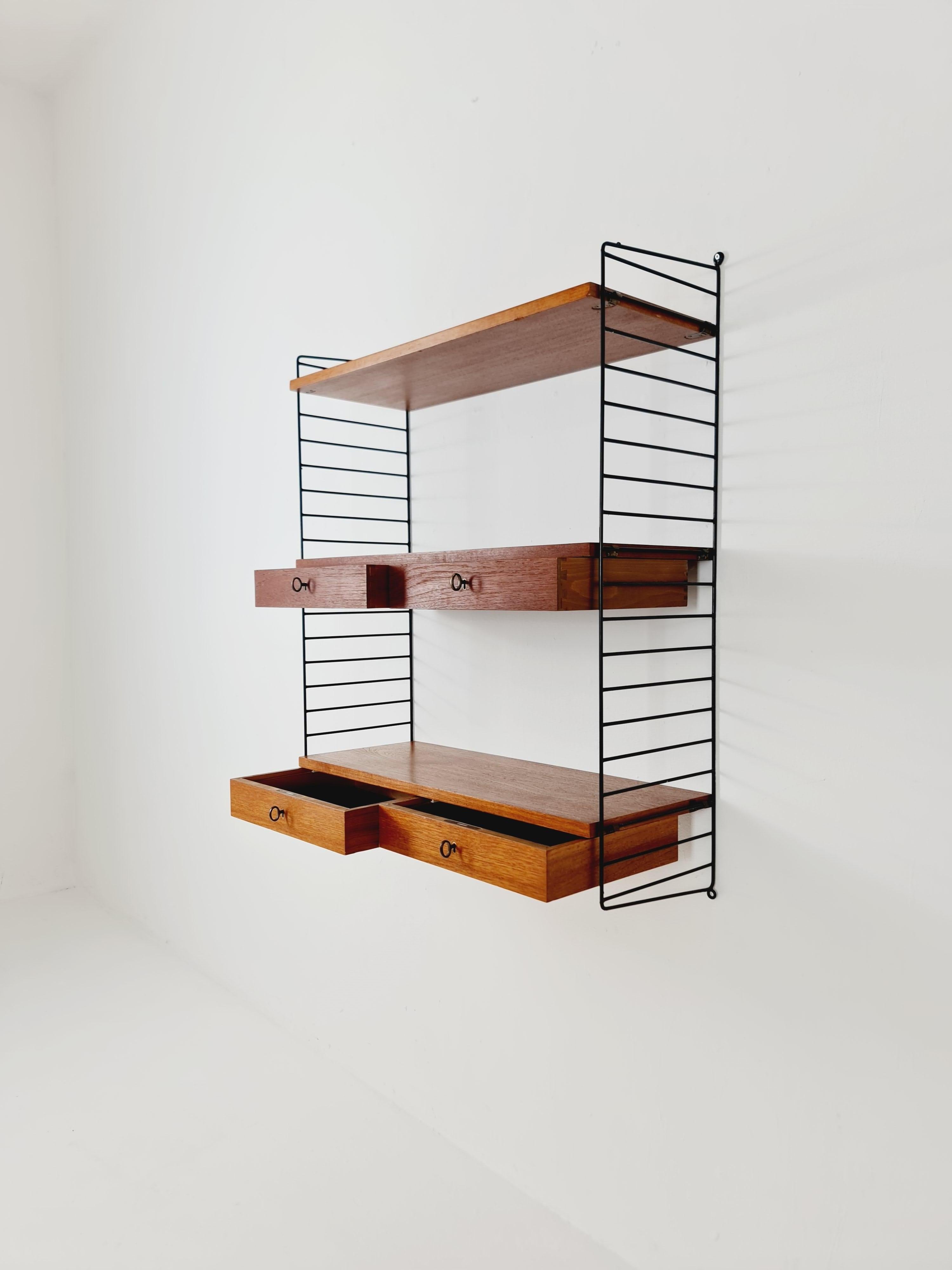 Swedish Original MCM Teak shelving system - consists of black lacquered metal ladders