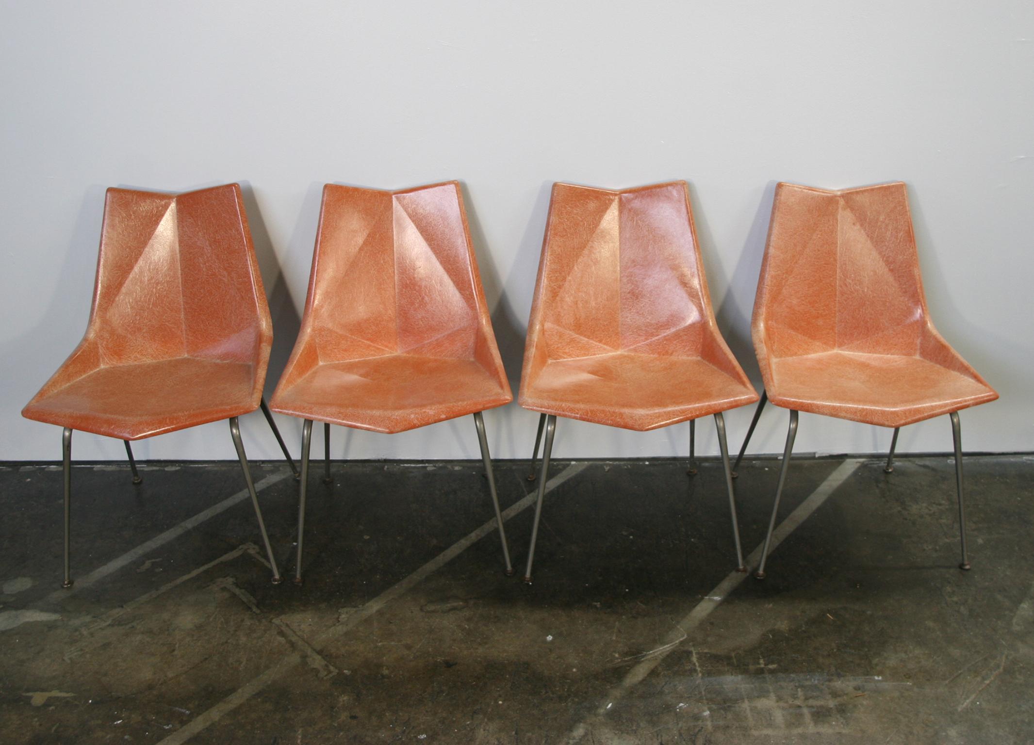 Original Midcentury Orange Paul McCobb Origami Fiberglass Chairs Set of 4 Rare 2