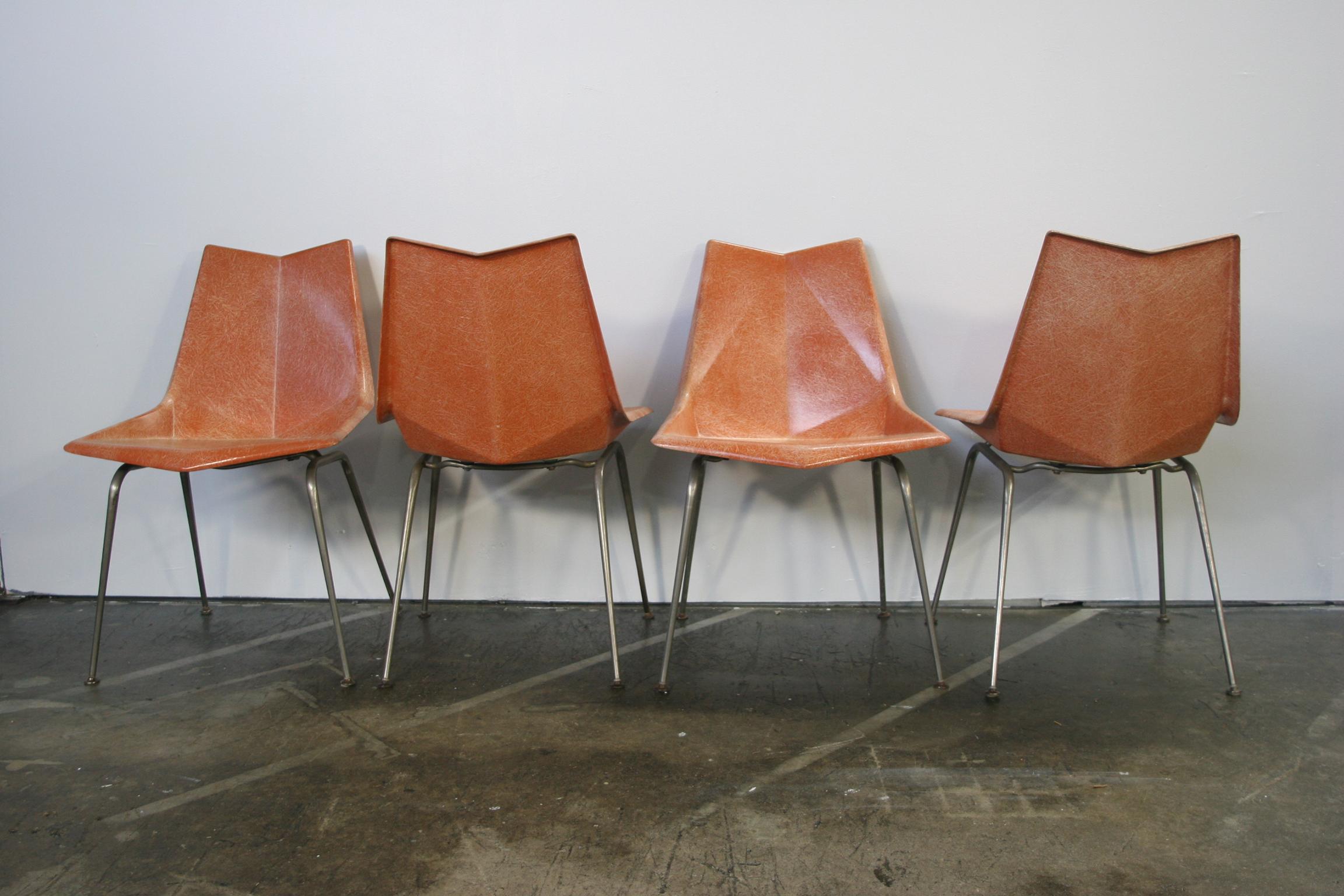 American Original Midcentury Orange Paul McCobb Origami Fiberglass Chairs Set of 4 Rare
