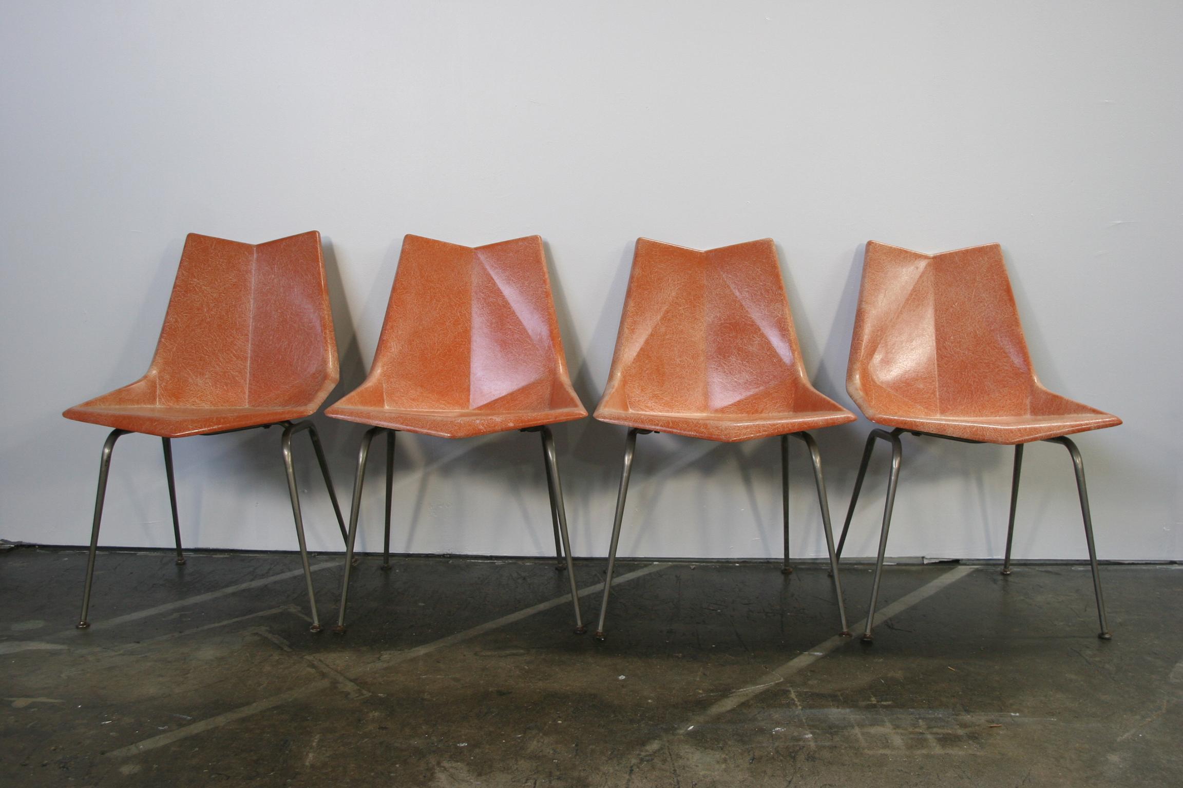 Original Midcentury Orange Paul McCobb Origami Fiberglass Chairs Set of 4 Rare 1