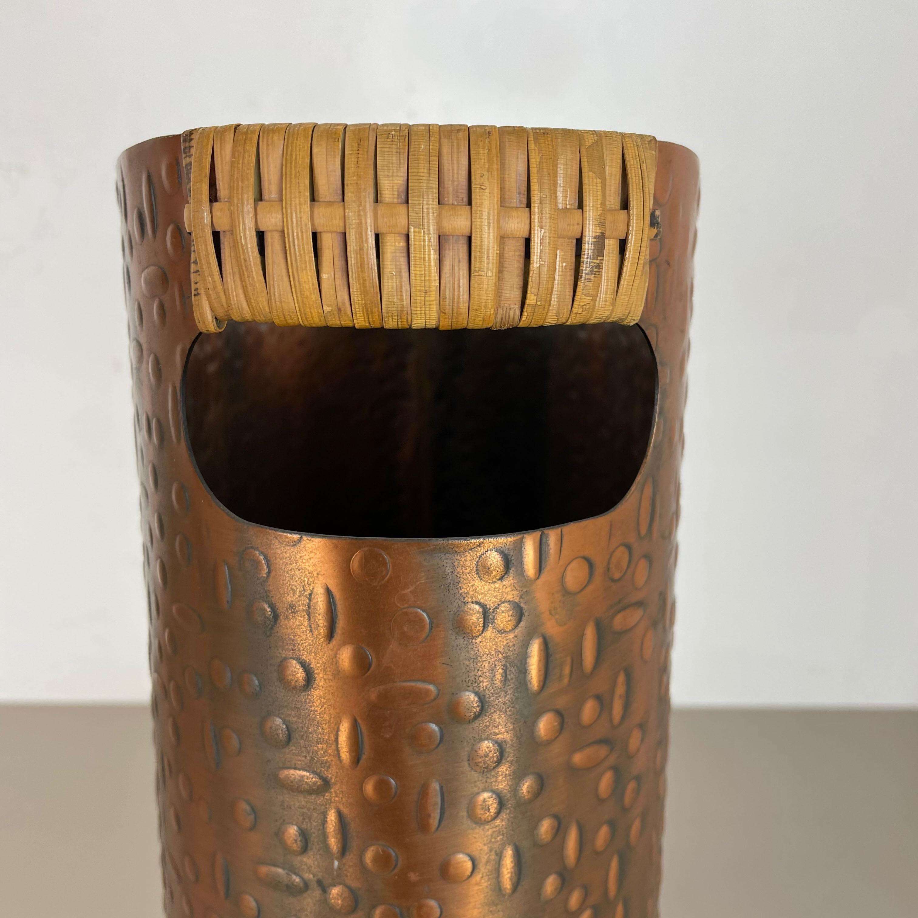 Original Metal Copper and Rattan Hollywood Regency Umbrella Stand Germany, 1950s For Sale 5