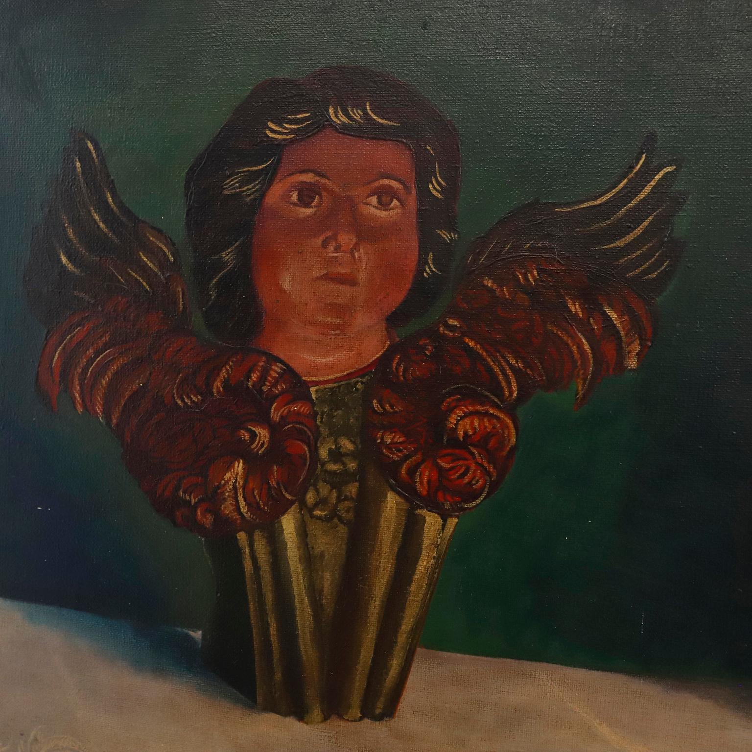 We offer this rare and original handmade painted in oil on canvas by Mexican painter Ismael Rivera, includes signature, circa 1950.