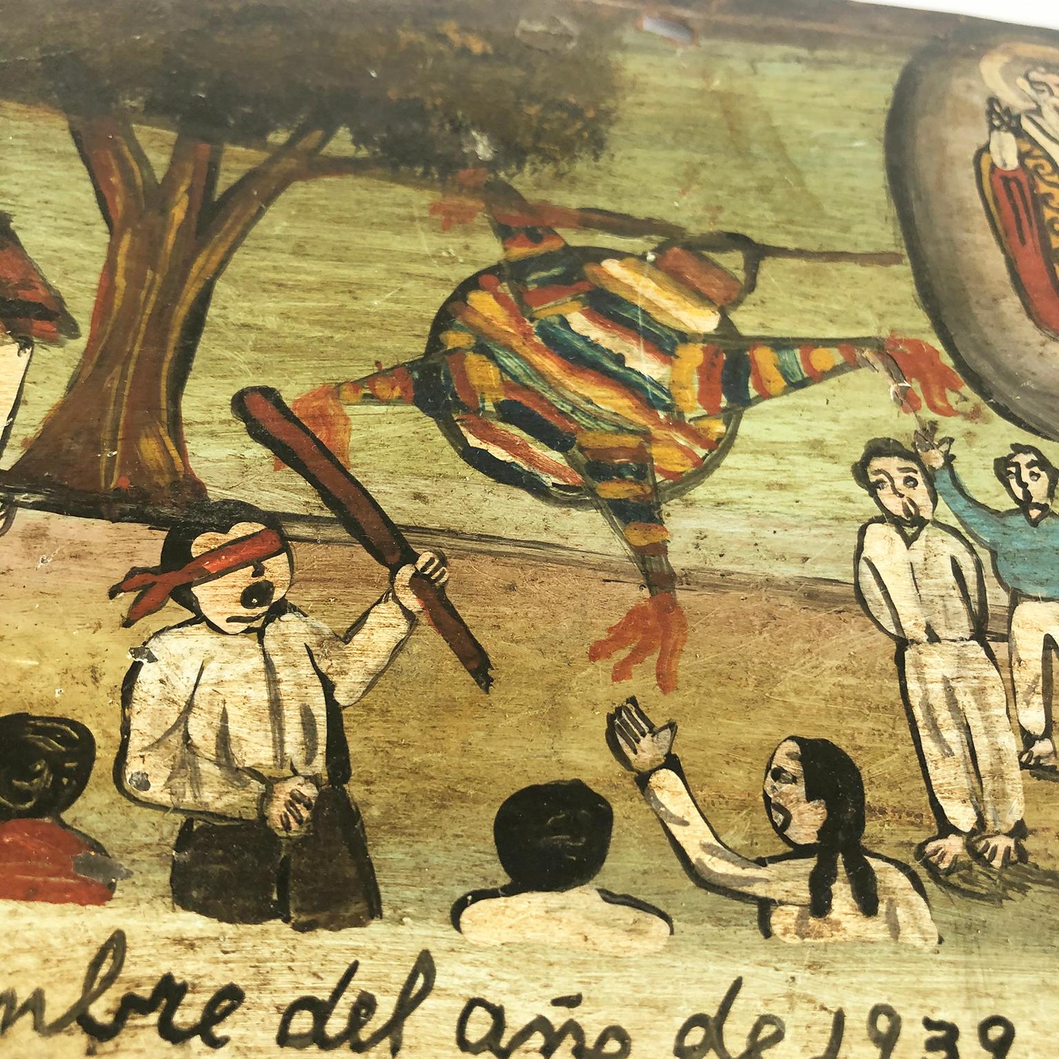 Dated 1939, we offer this original exvoto. On December 17, 1939 in the town of Cholula it happened to Cipriana Garcia when she broke a piñata they broke her head with a blow that left her very bad, her mother entrusted her to San Nicolasito and the