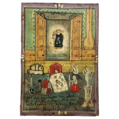 Vintage Original Mexican Retablo "Exvotos" Oil on Tin