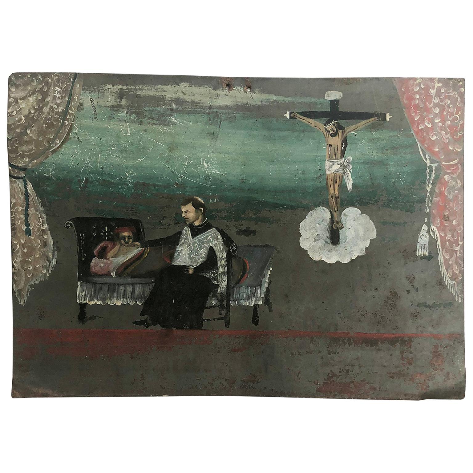 Original Mexican Retablo "Exvotos" Oil on Tin For Sale