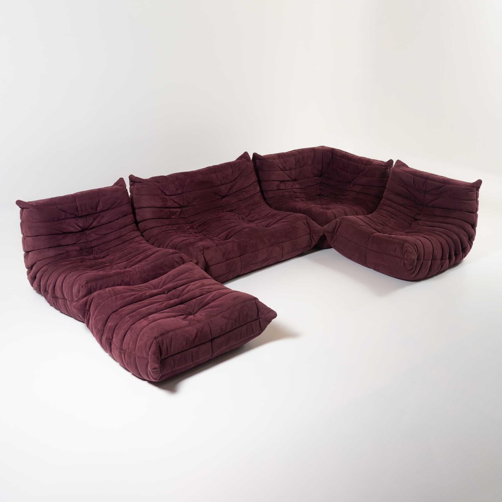 Classic French Togo set by Michel Ducaroy for luxury brand Ligne Roset. Originally designed in the 1970s the iconic togo sofa is now a design classic. This set comes in it's original aubergine Alcantara which, unlike leather, doesn't get hot or