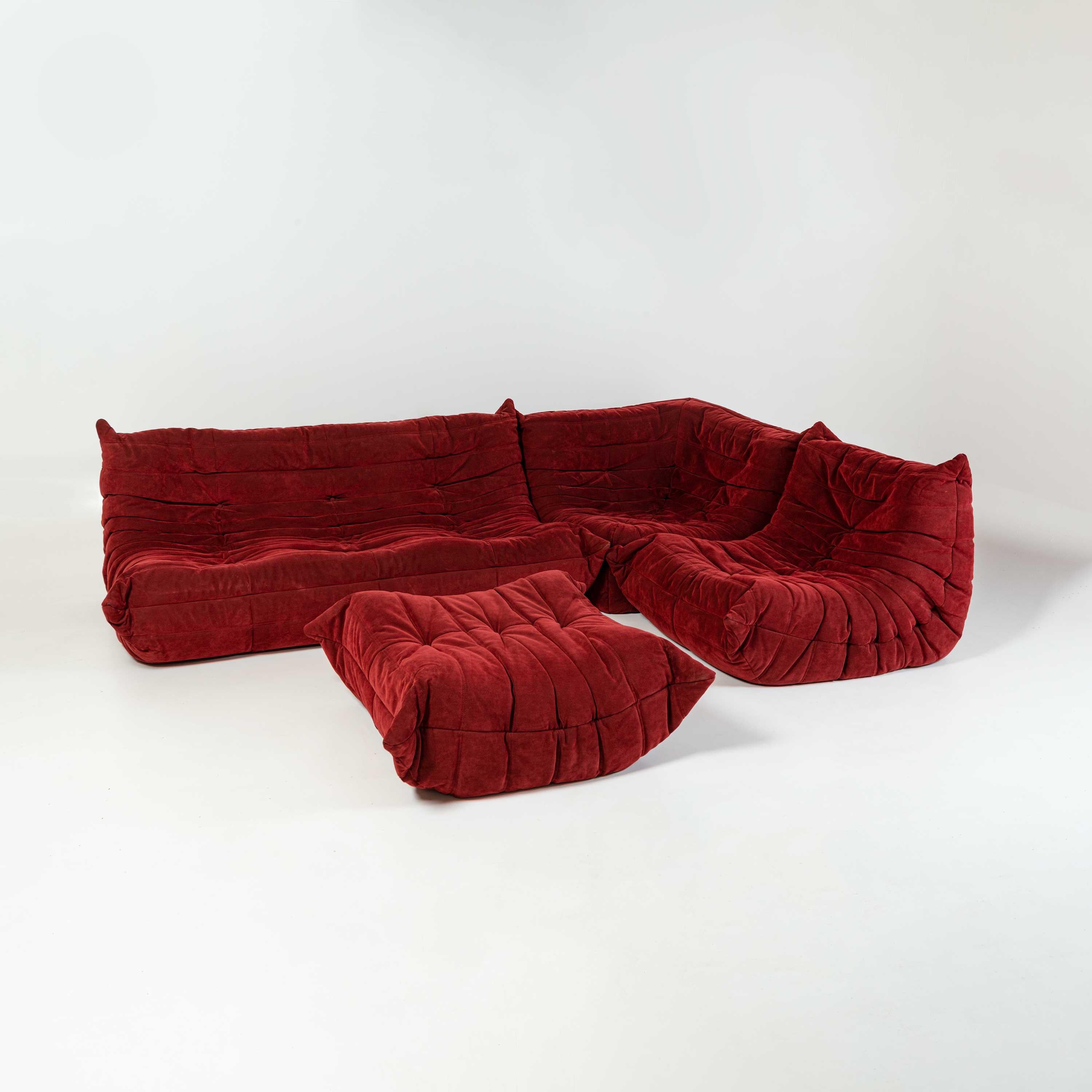 Classic French Togo set by Michel Ducaroy for luxury brand Ligne Roset. Originally designed in the 1970s the iconic togo sofa is now a design classic. This set comes in it's original Bordeaux Alcantara which, unlike leather, doesn't get hot or soggy
