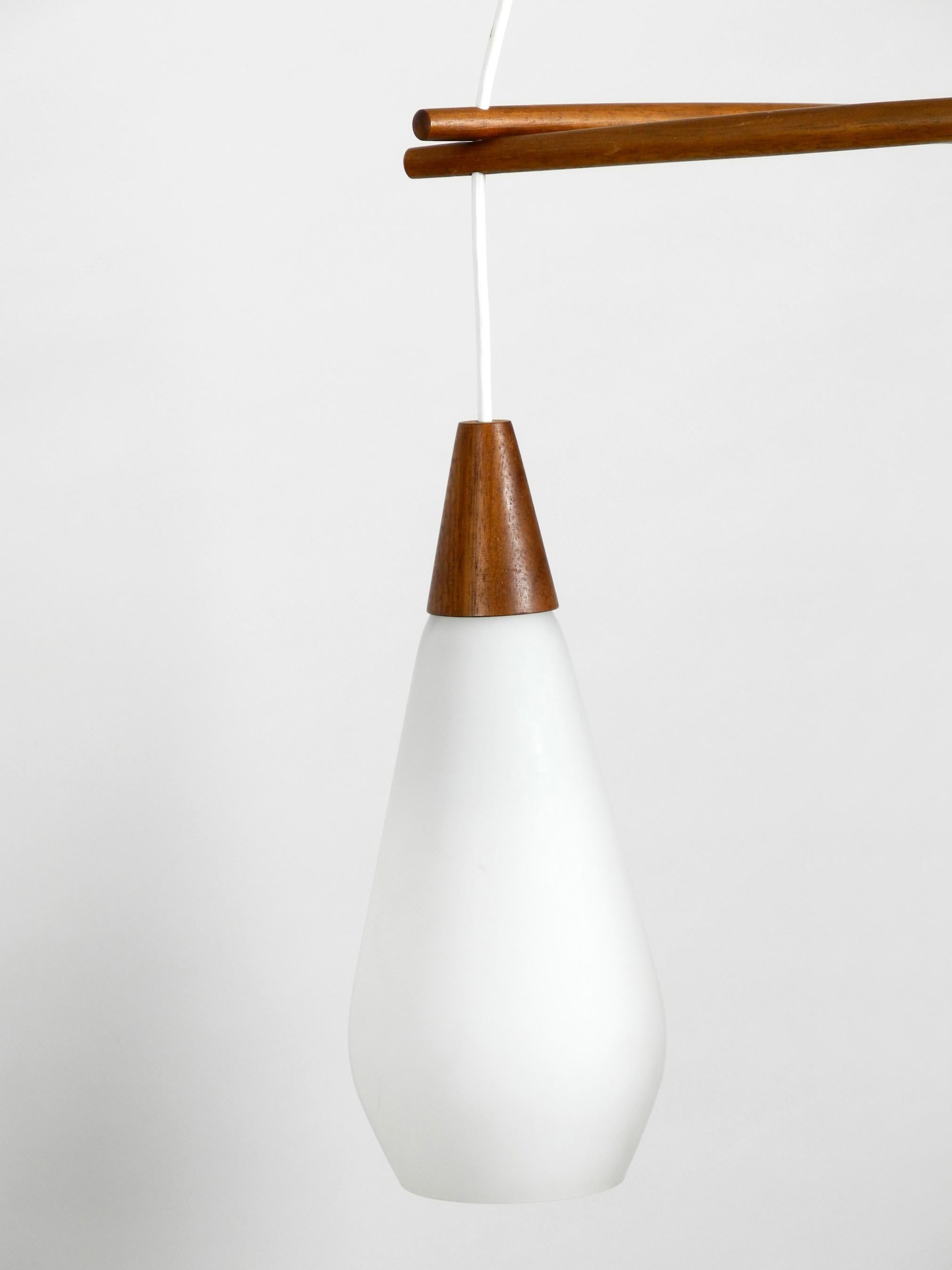 Mid-Century Modern Original Midcentury 3-Arm Pendant Lamp Made of Teak and Opal Glass