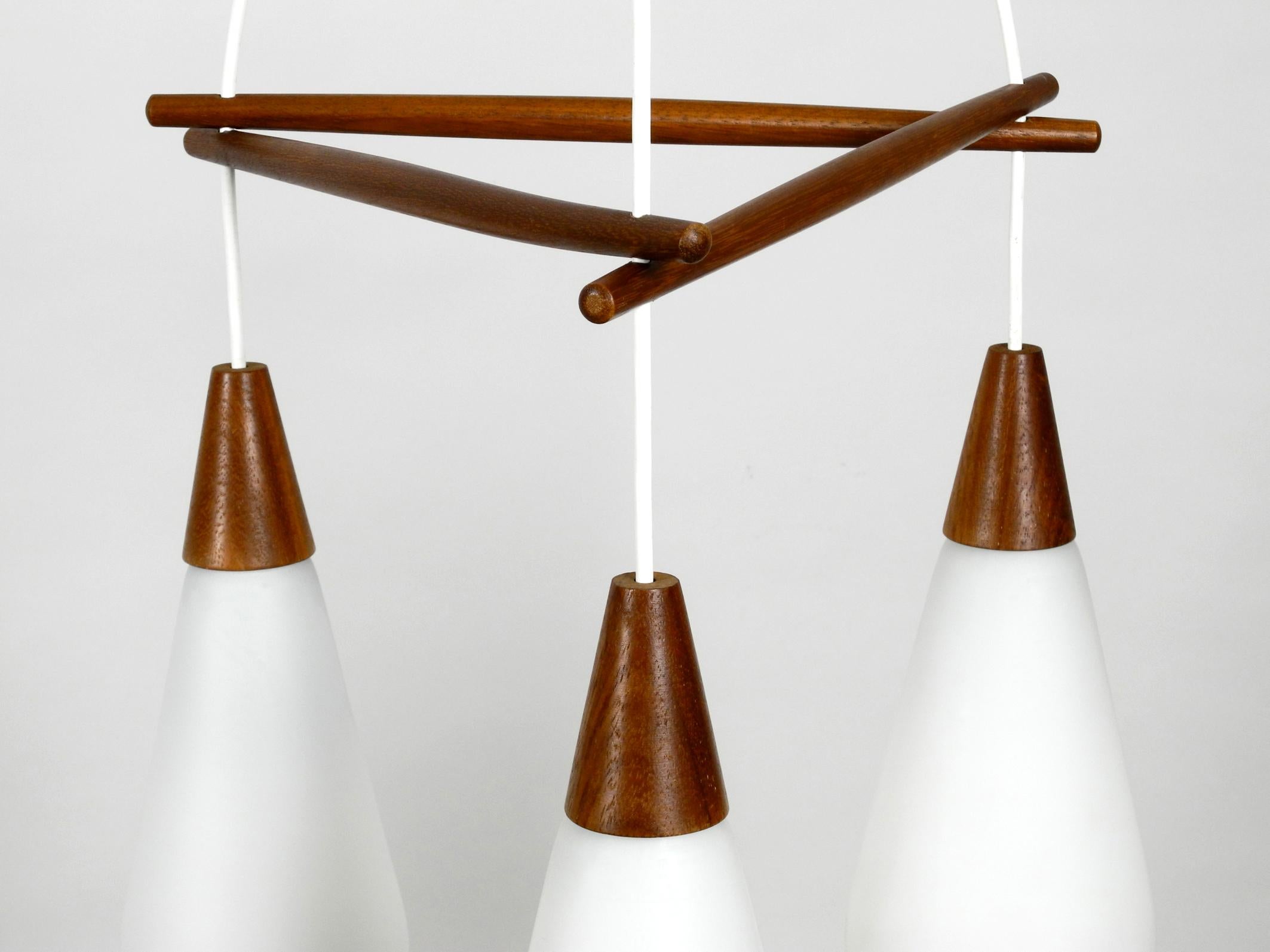Danish Original Midcentury 3-Arm Pendant Lamp Made of Teak and Opal Glass