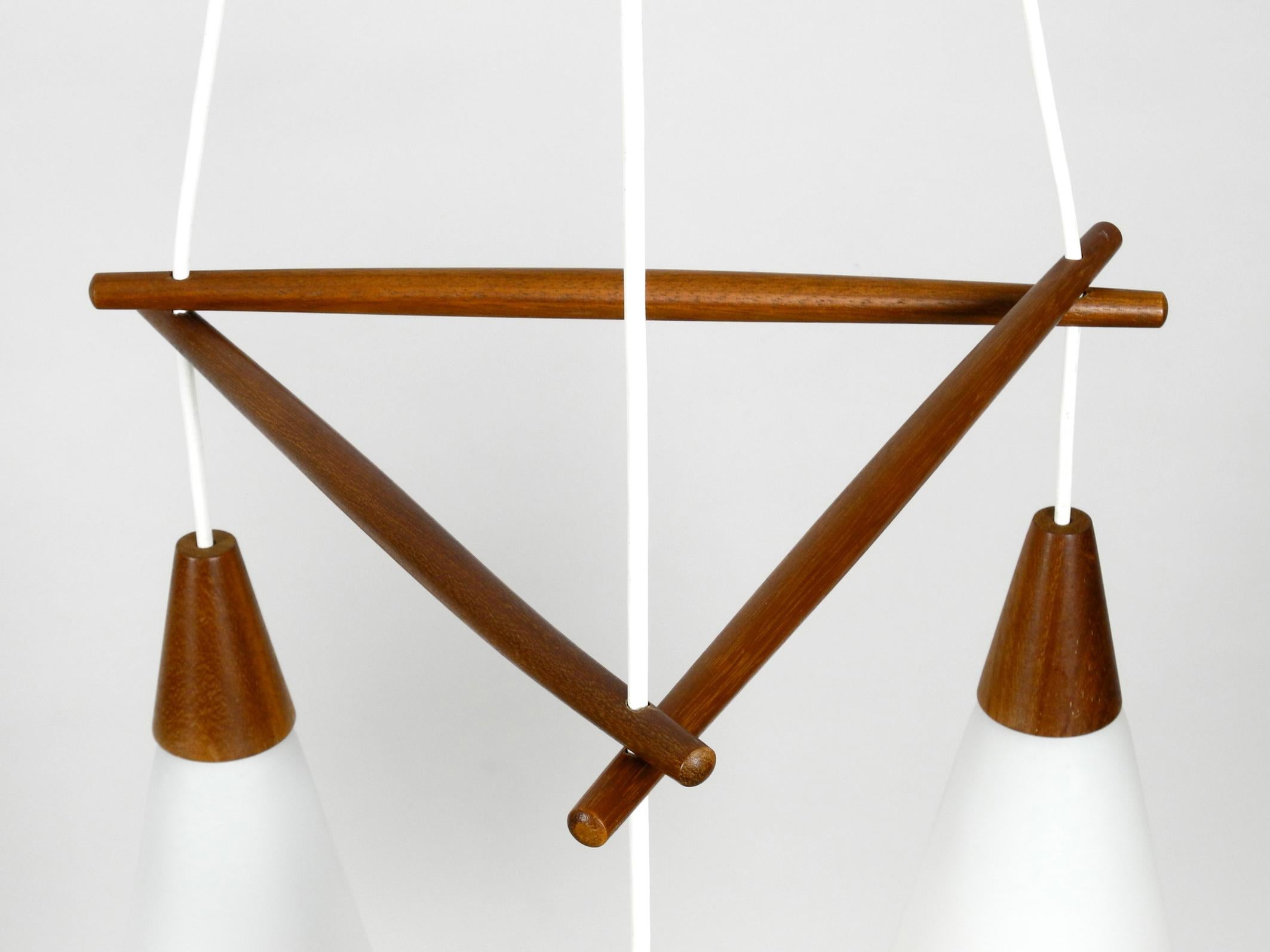 Mid-20th Century Original Midcentury 3-Arm Pendant Lamp Made of Teak and Opal Glass