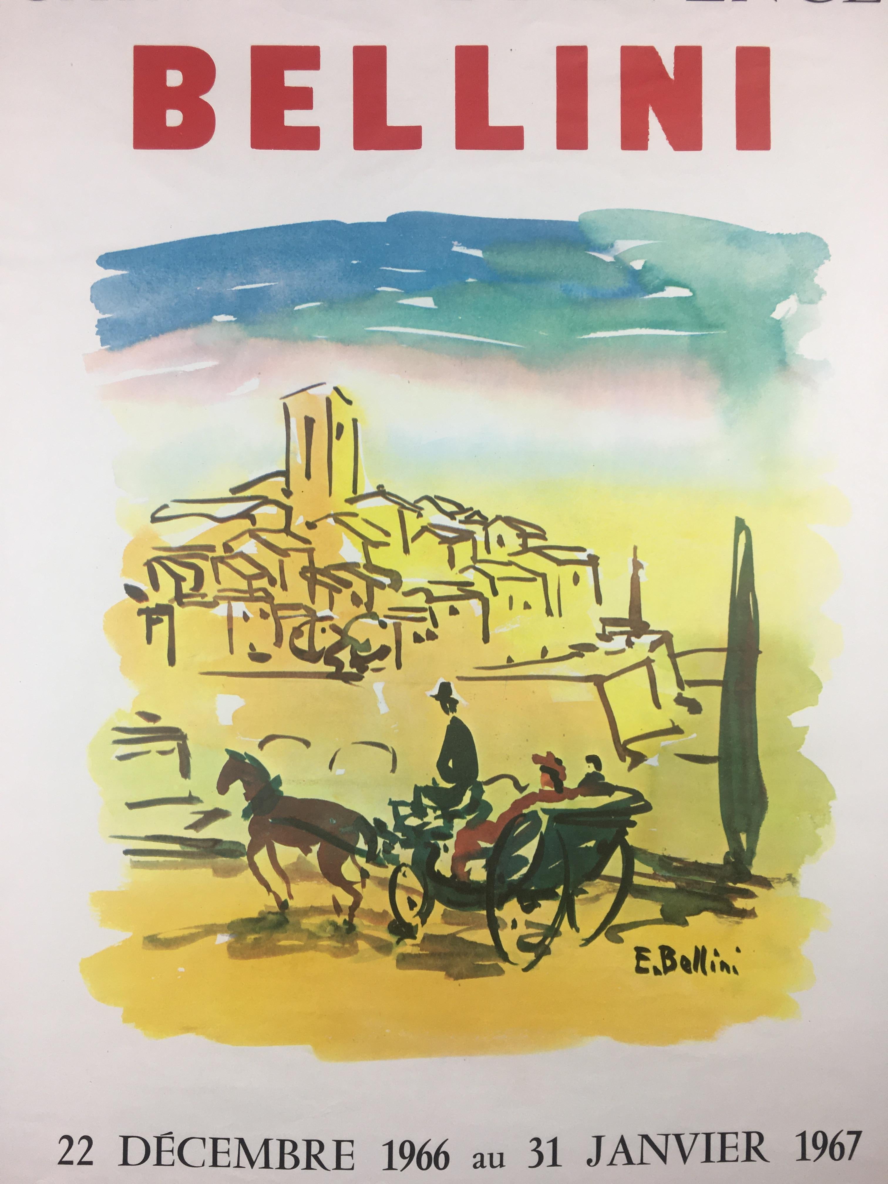 Original midcentury landscape art exhibition poster from the 1967 printed by Devayes in Cannes. 
Depicts the hillside of St. Paul de Vence, France as interrupted by the artist, Bellini. 

This is an original not a reprint with vivid colors that will