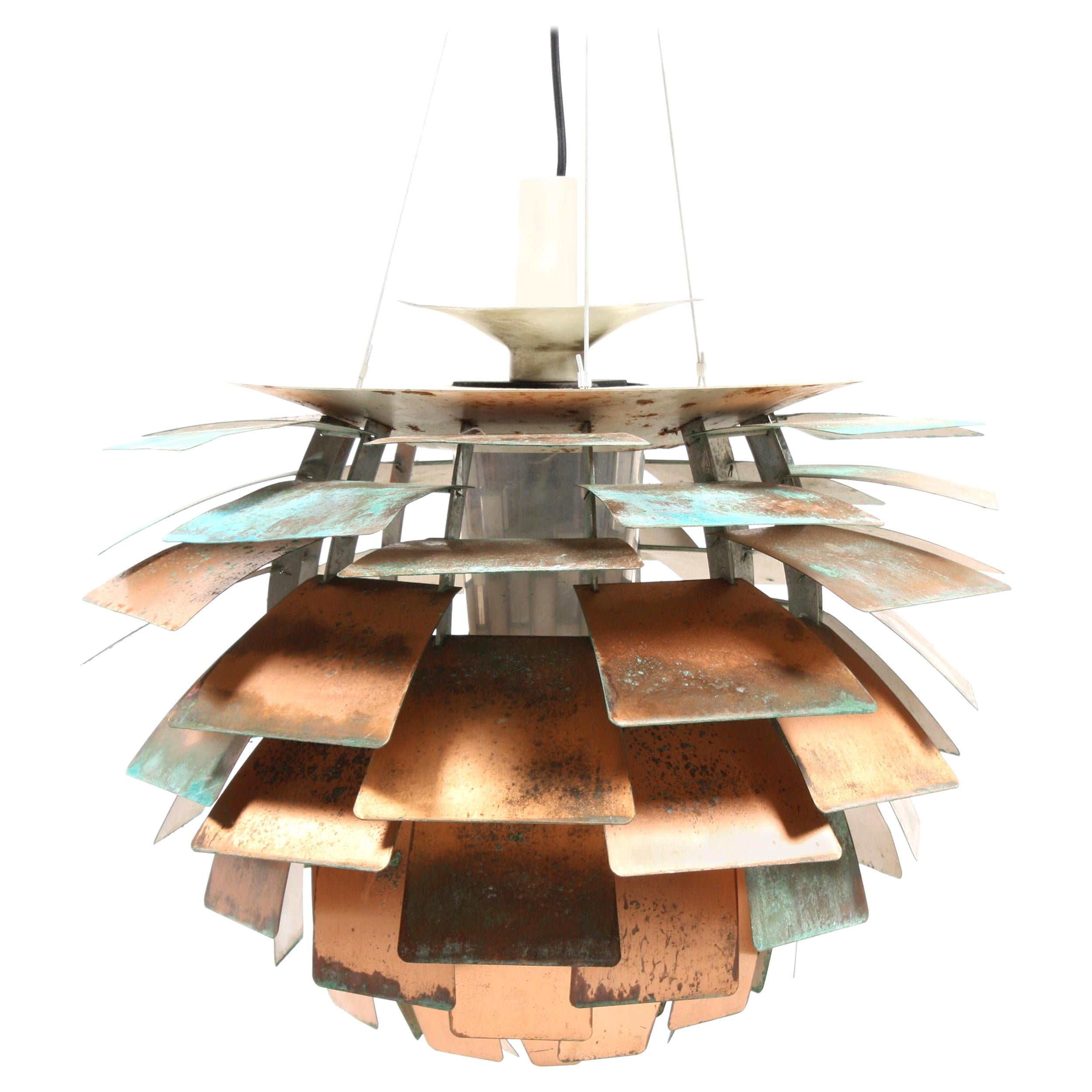 Lampe à suspension artichaut originale du milieu du siècle dernier en cuivre patiné