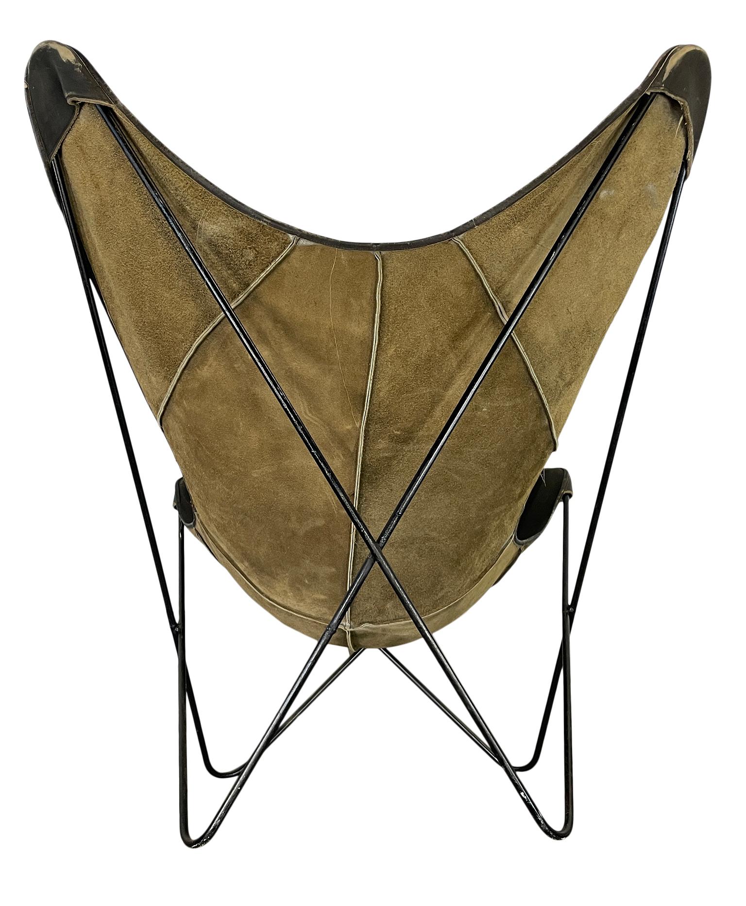 Mid-Century Modern Original Mid-Century Black Iron Leather Butterfly Chair Beautiful Patina