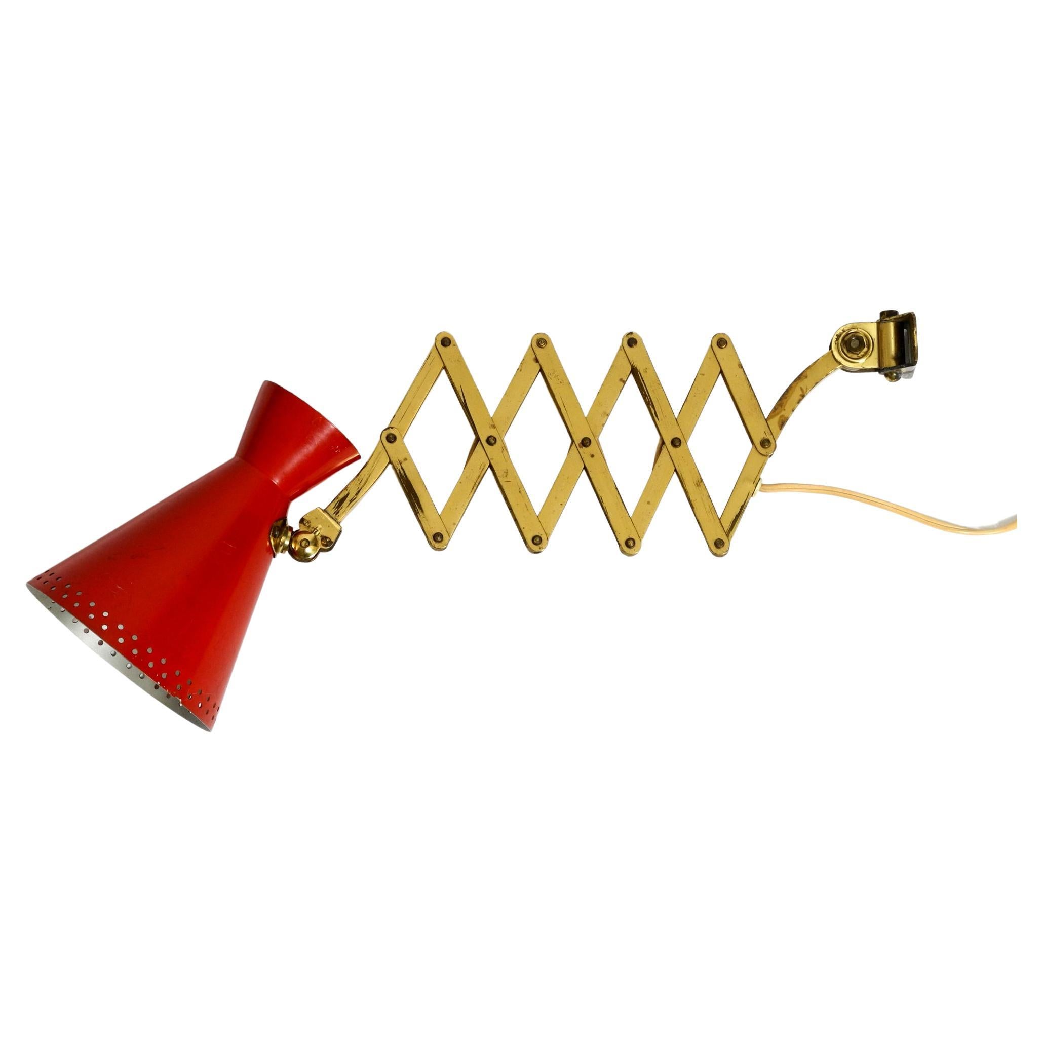 Original Mid Century brass extendable scissor wall lamp with diabolo shade