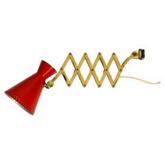 Original Mid Century brass extendable scissor wall lamp with diabolo shade 