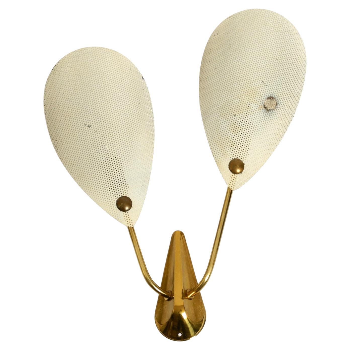 Original Mid Century brass wall lamp with perforated metal sheet lampshades For Sale