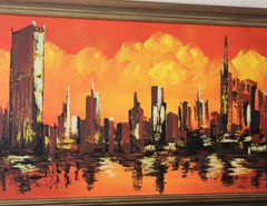 Pintura al óleo sobre tabla original de paisaje urbano de mediados de siglo.  Decoración Heller MCM de los años 50