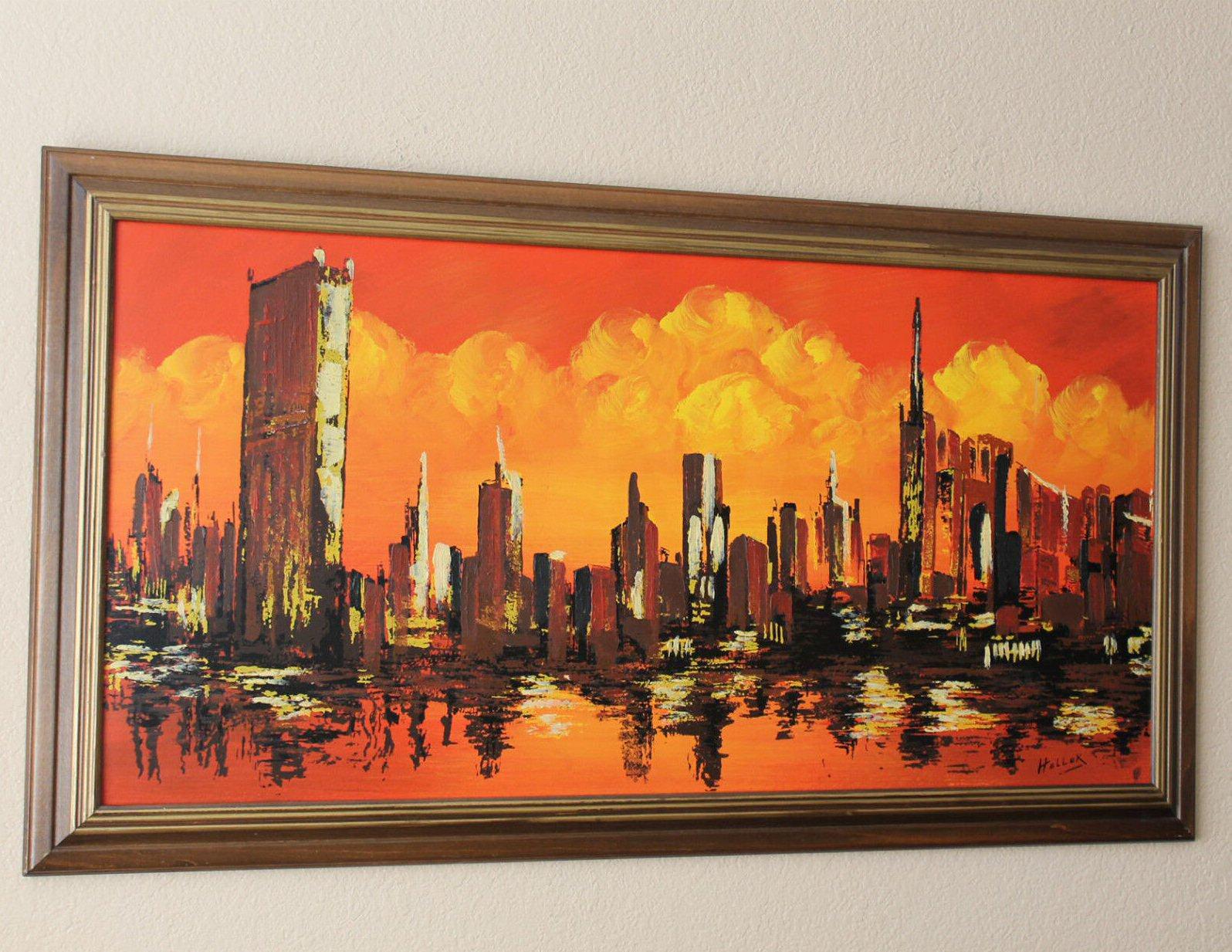 American Original Mid Century Cityscape Oil Painting on Board.  1950s Heller MCM Decor For Sale