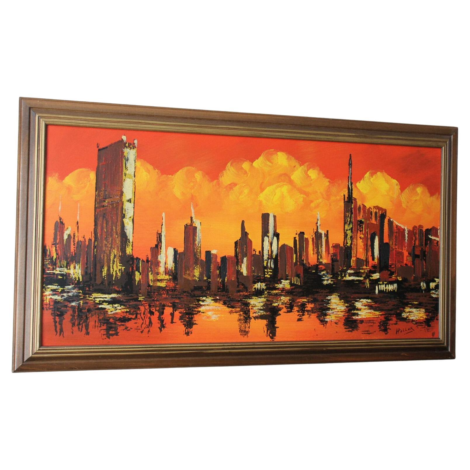 Original Mid Century Cityscape Oil Painting on Board.  1950s Heller MCM Decor For Sale