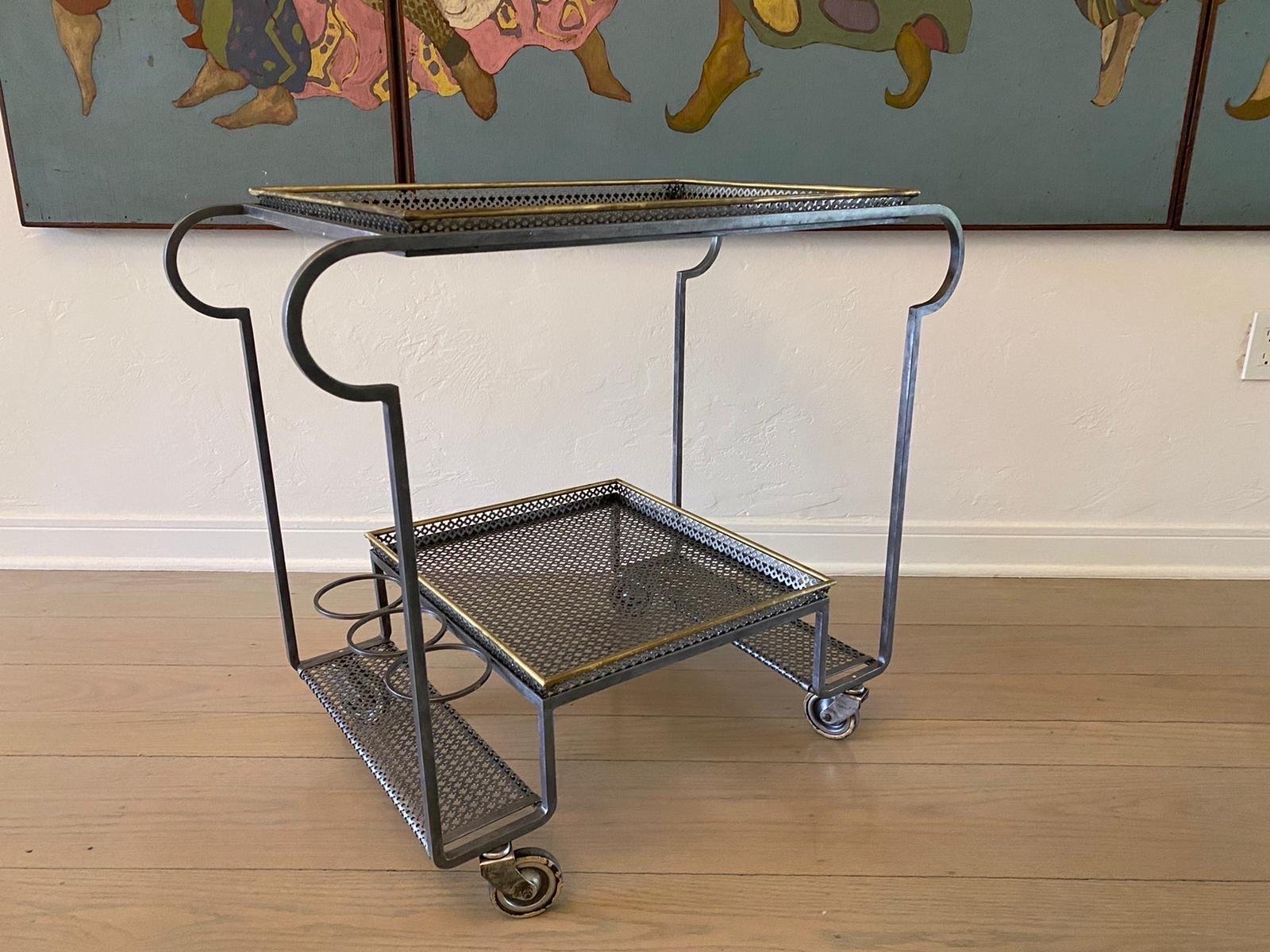 Original Mid-Century Mathieu Matégot Perforated Metal & Brass Bar Cart/Trolley In Good Condition In North Miami, FL