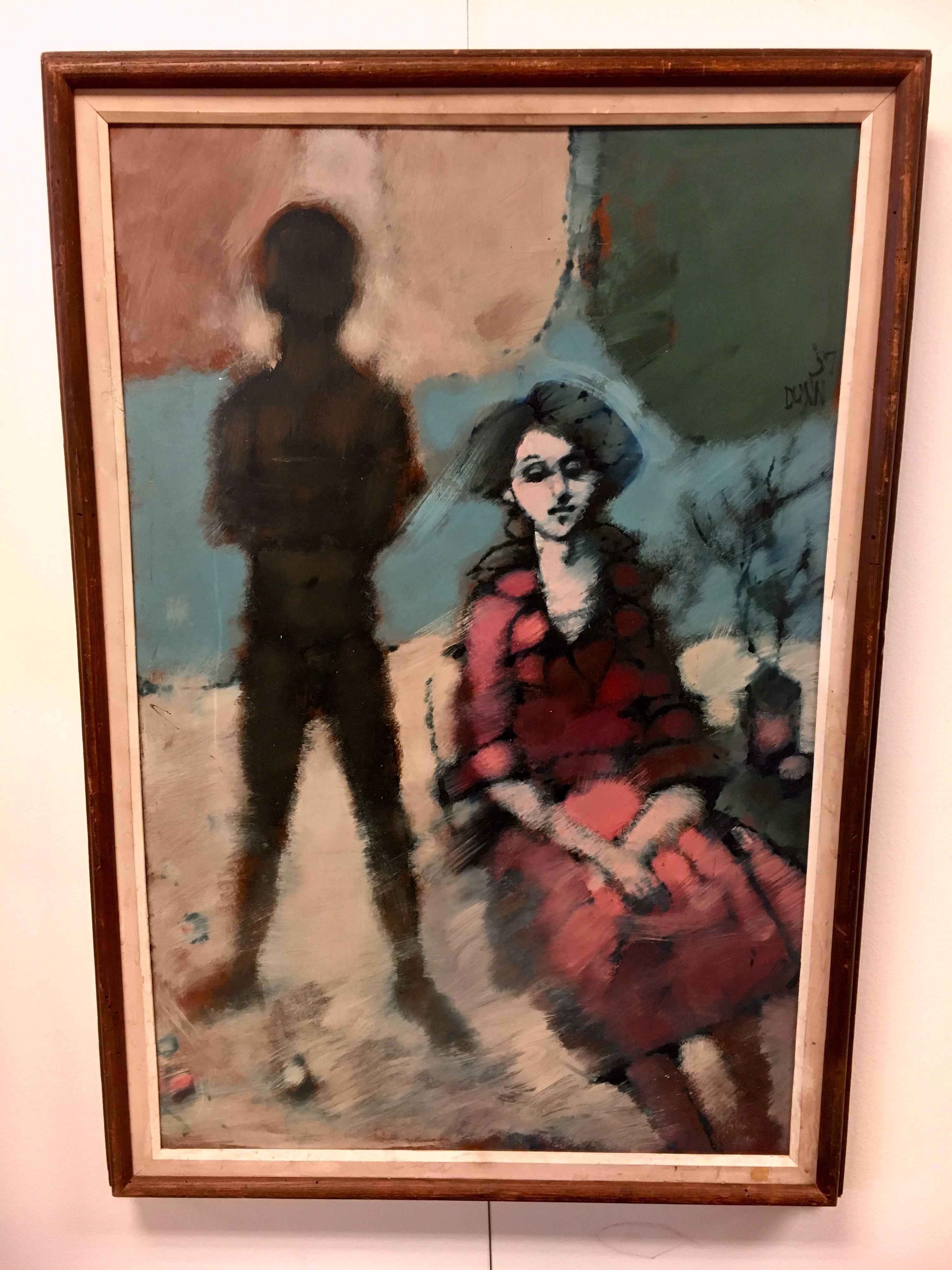 Stunning artist-signed original painting dated 1957 by the artist Dunn, signed on right side. A moving portrait of a contemplative female who is being watched over by an unknown figure. The medium is oil on board and frame is original.
 