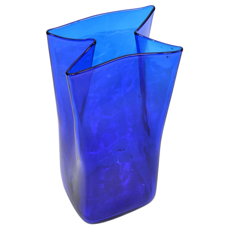 Original MidCentury Modern Blue Hand Blown Art Glass Vase, Vessel