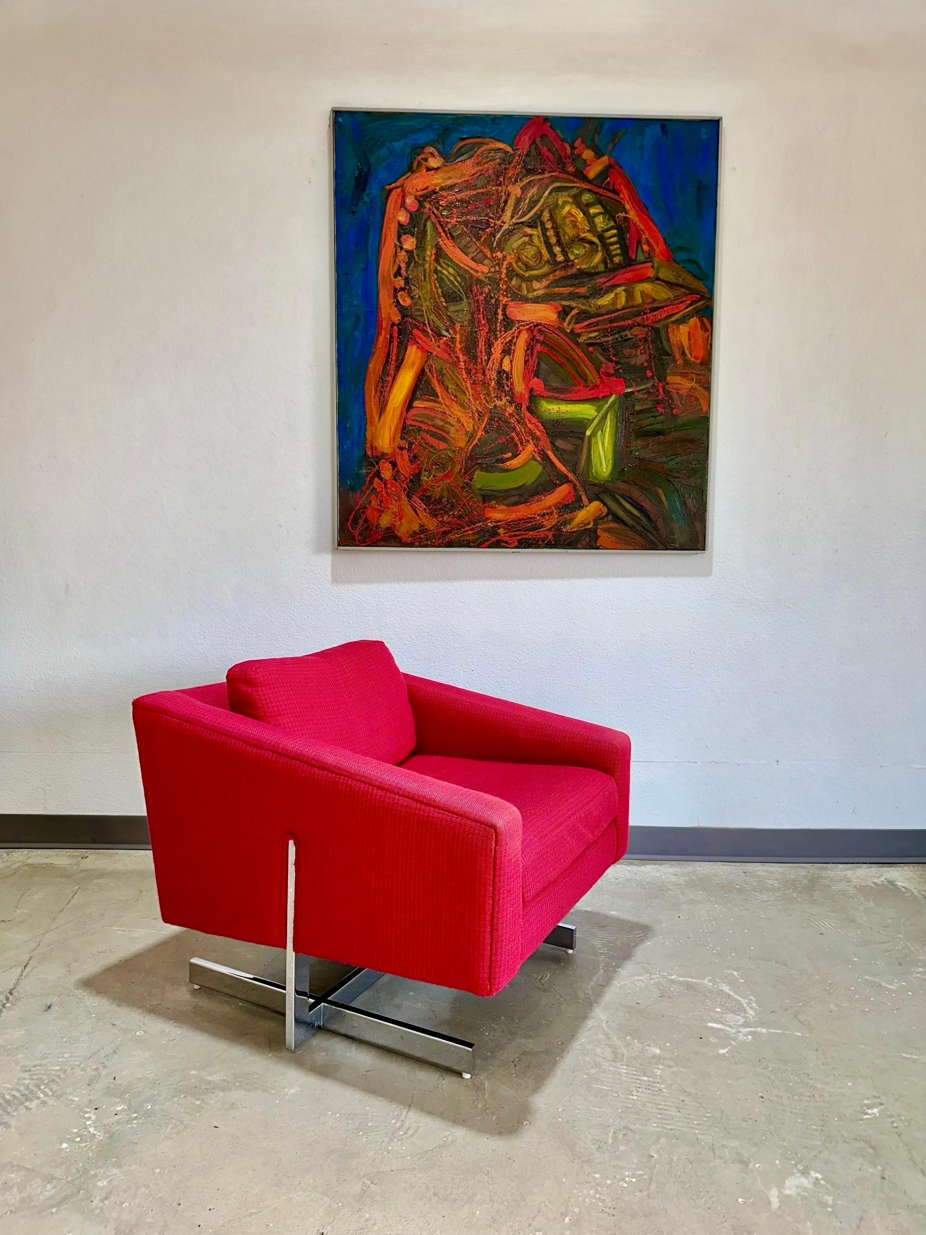 Peinture abstraite de Jose Guadiana (1929-2012), une composition dynamique en bleu, rouge, orange et vert. Peinture à l'huile à fort empâtement sur toile, châssis en bois avec cadre simple en bois gris. Signé et daté au dos. D'autres grandes