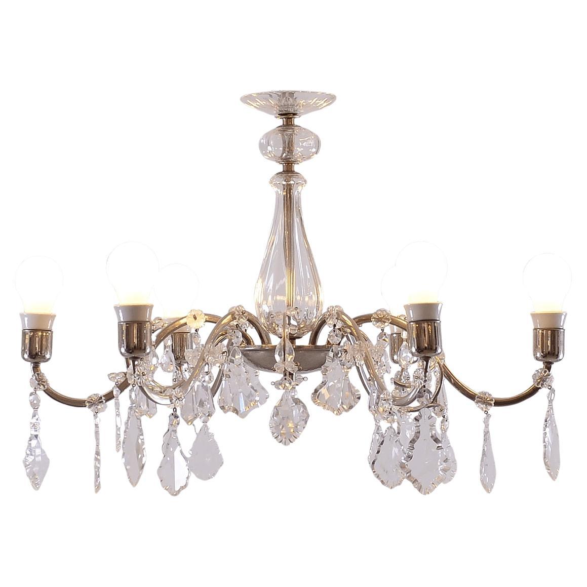 Original Mid-Century Modern Brass and Crystal Glass Chandelier For Sale
