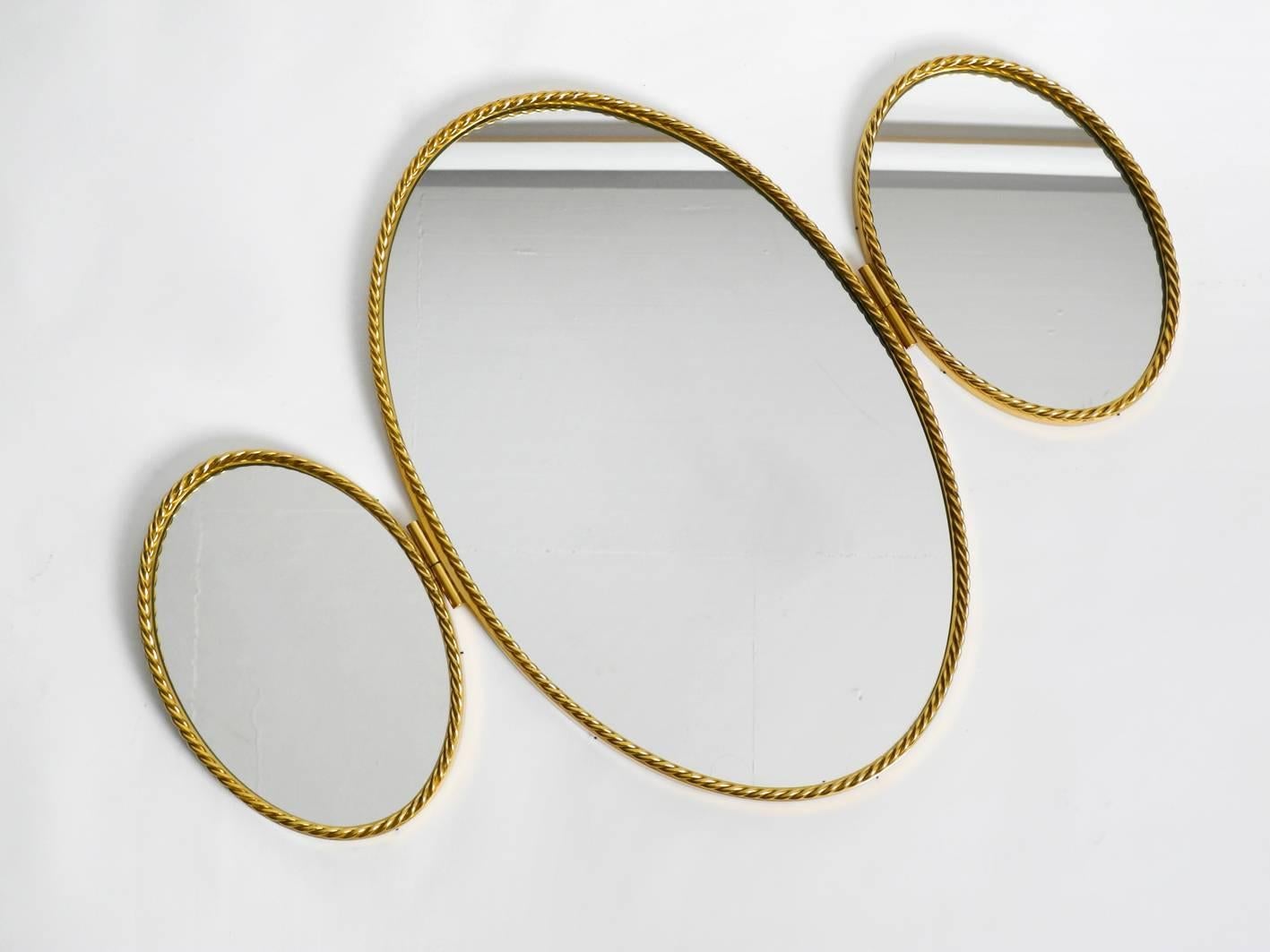 Italian Original Mid-Century Modern Modernist Triple Wall Mirror with Heavy Brass Frames