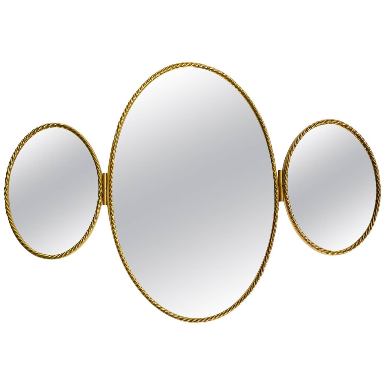 Original Mid-Century Modern Modernist Triple Wall Mirror with Heavy Brass Frames