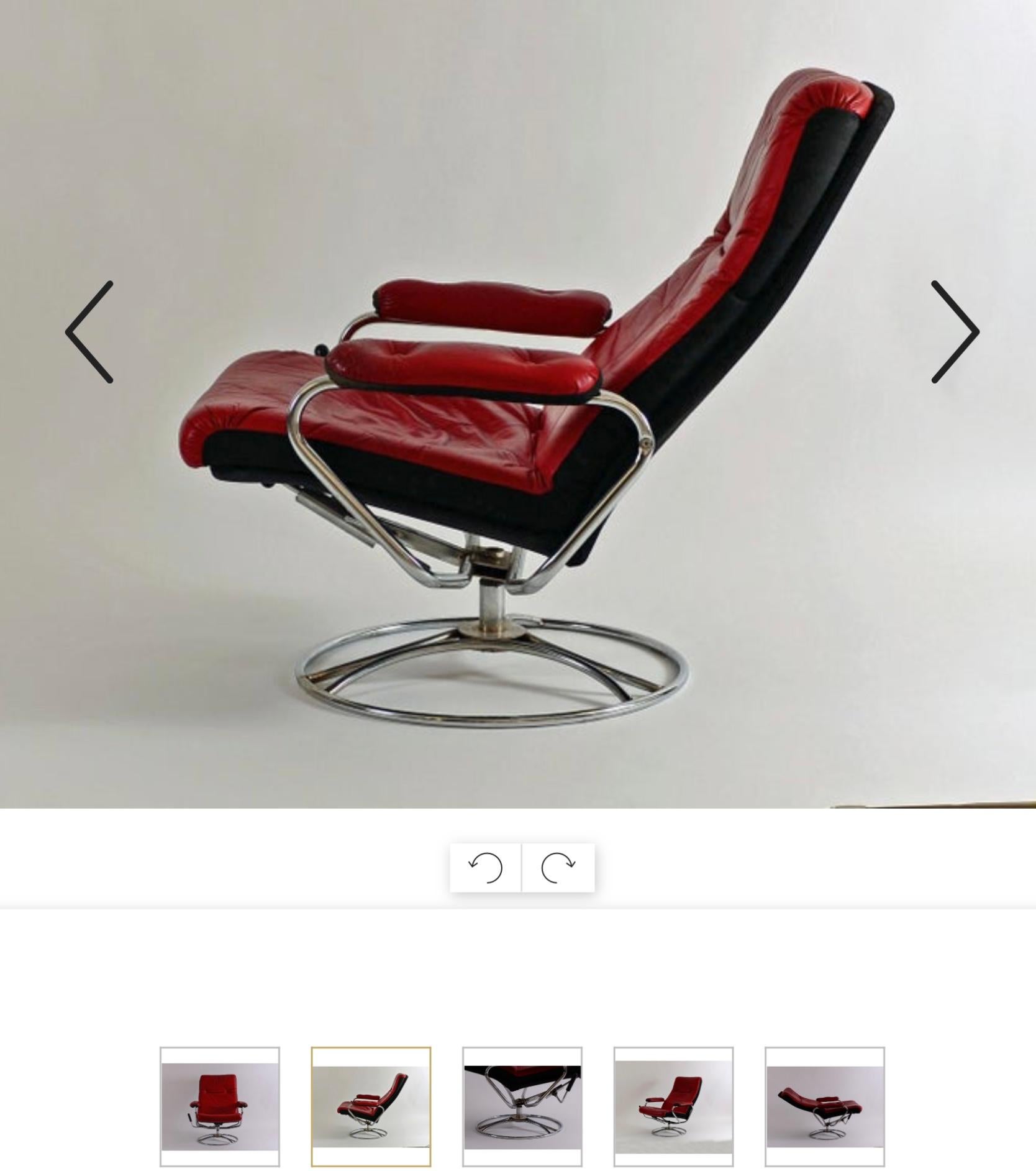 Swivelling and turnable lounge chair, extremely comfortable. Presumable a predecessor of the Ekornes Stressless which was built from 1971 in Norway. Chair rotates 360 degrees. Chair reclines from an upright sitting position to nearly horizontal, and