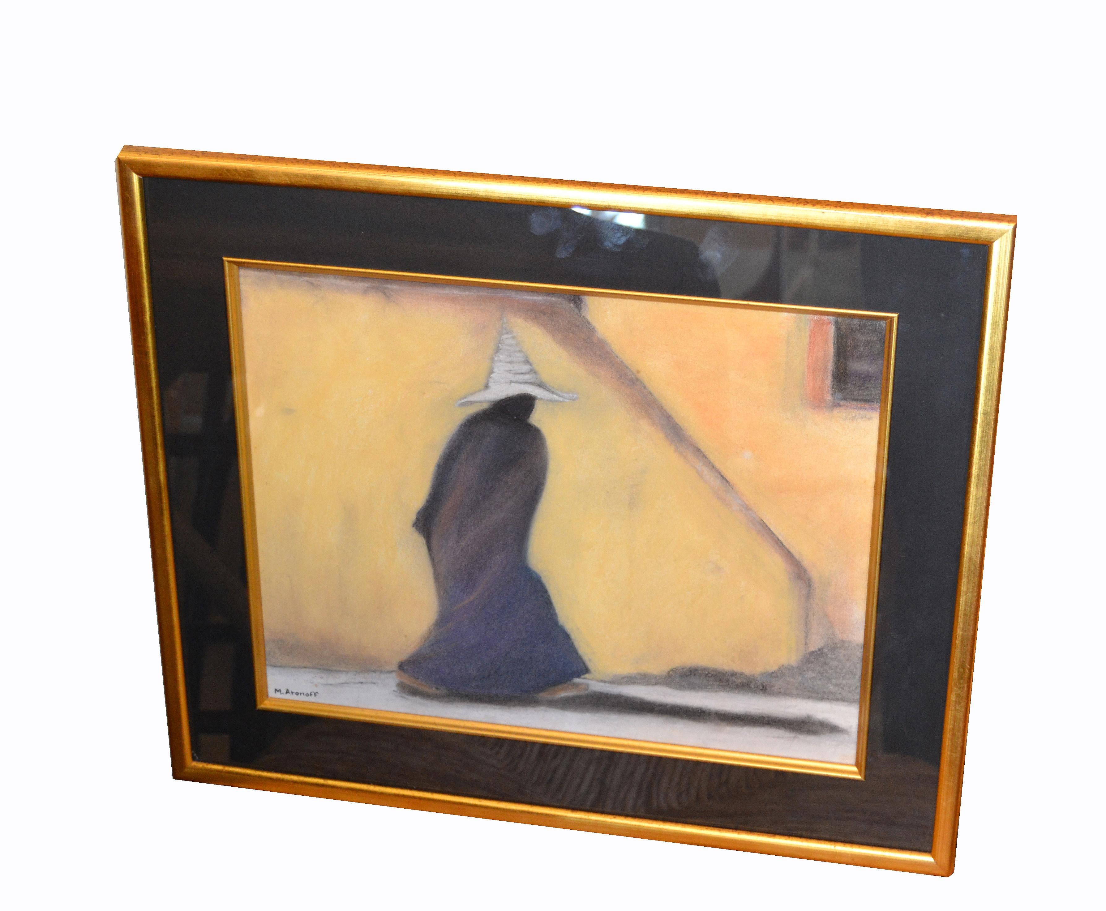 Mid-Century Modern framed original artist study in chalk and pencil drawing from a man in black with a white hat.
Professional framed with golden wood frame.
Signed by the artist.
      