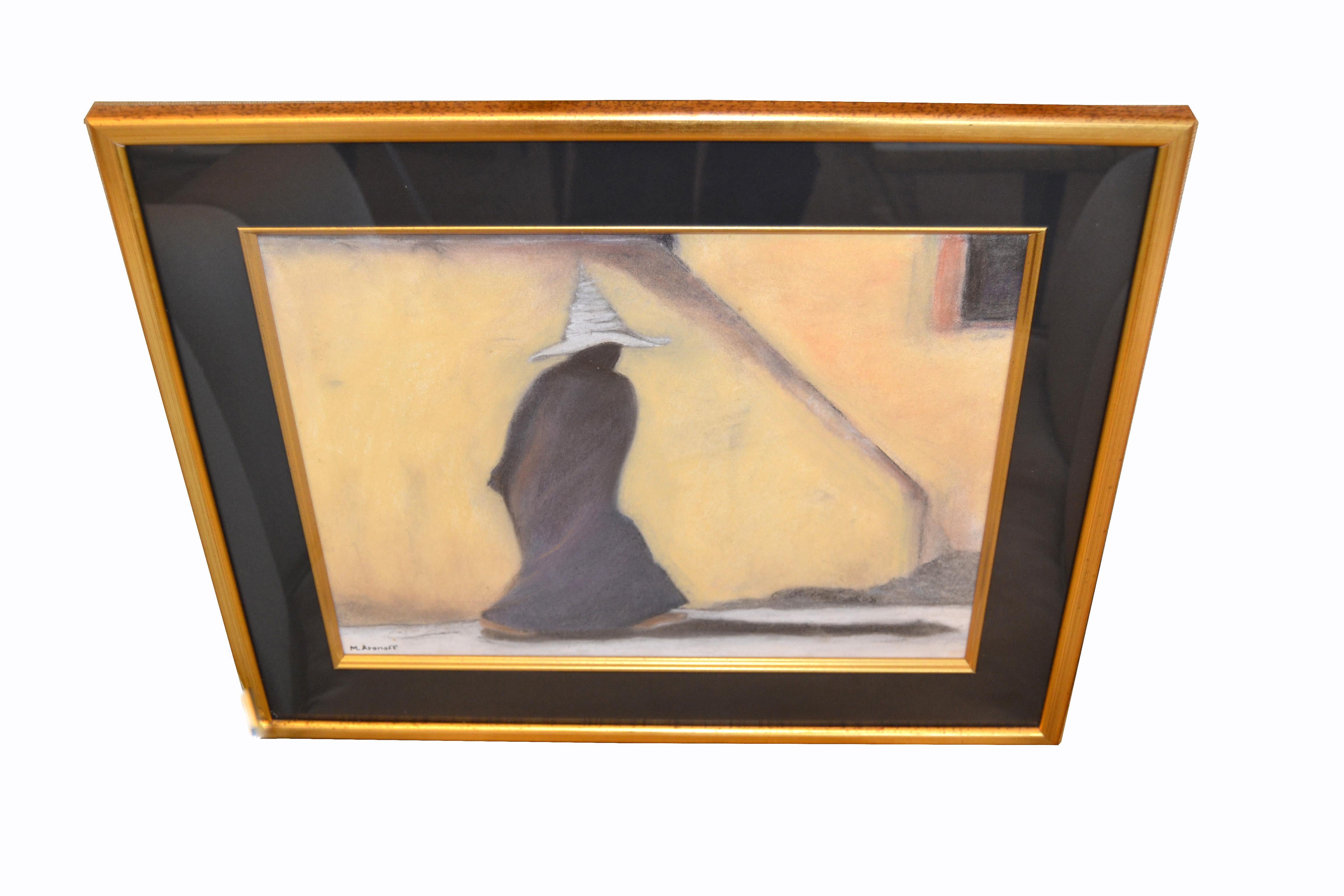 American Original Mid-Century Modern Signed Golden Framed Fine Art by Artist M. Aronoff For Sale