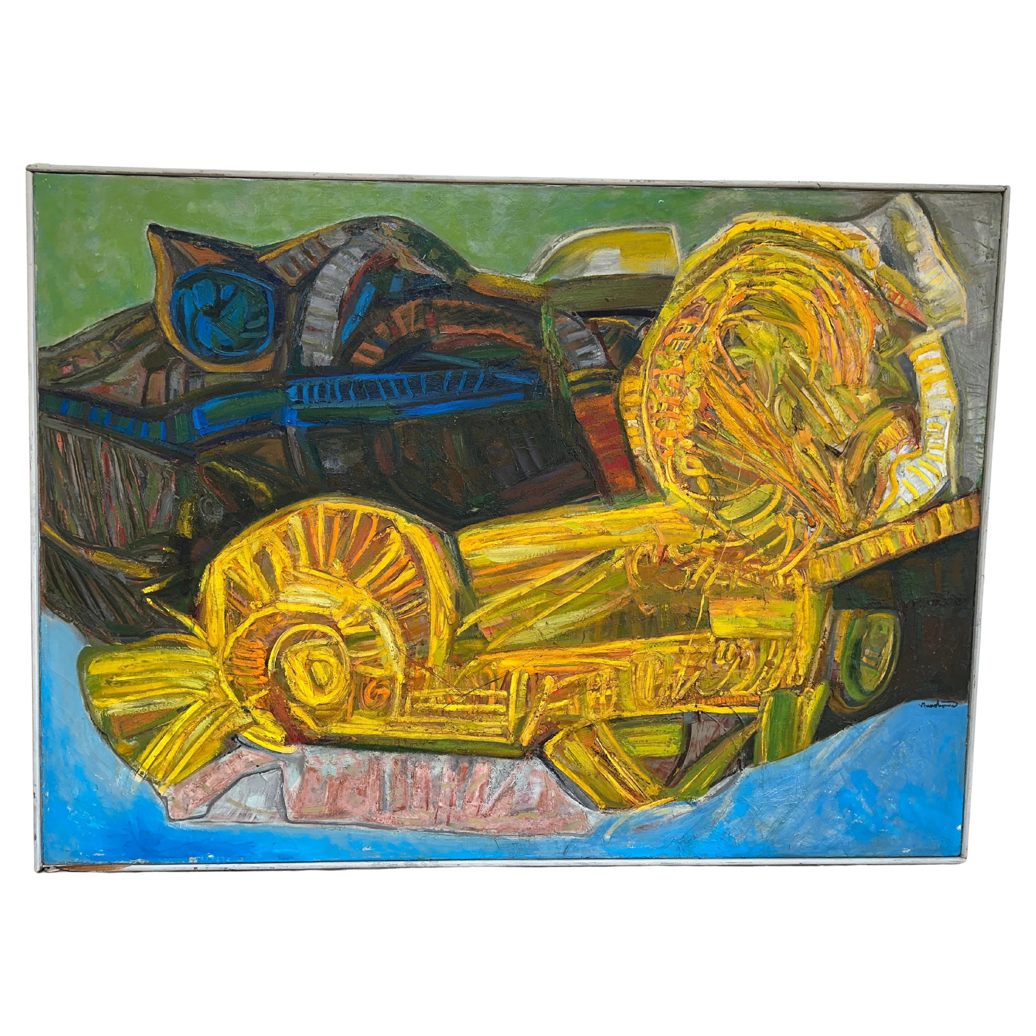 Peinture à l'huile abstraite texturée originale du milieu du siècle dernier