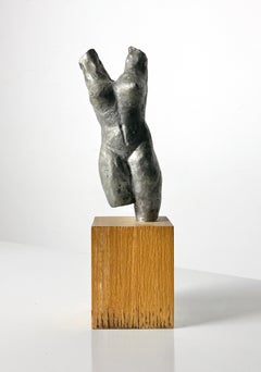 Original Mid Century Modernist Nude Female Torso Sculpture in Lead on Wood Base