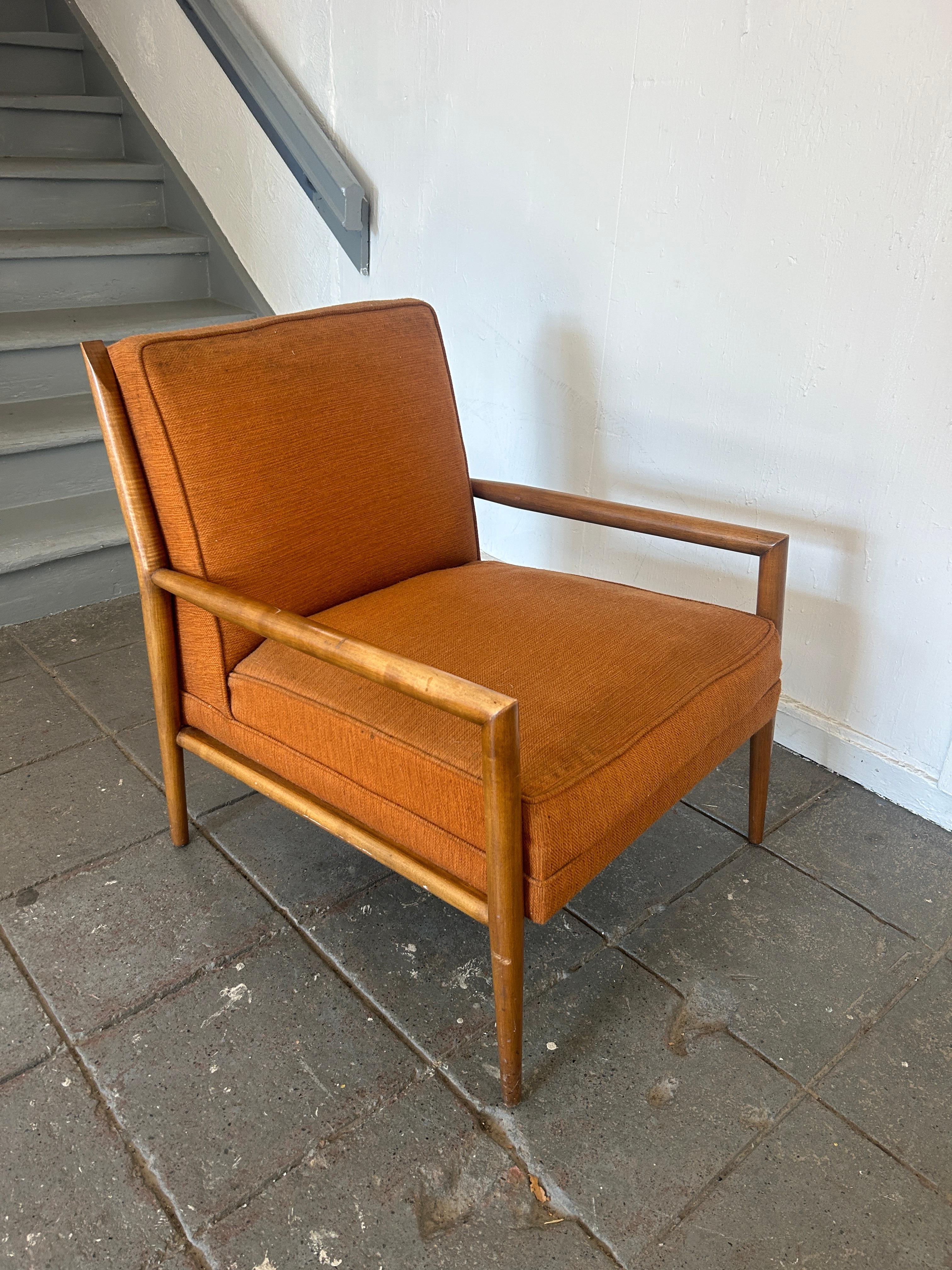 Original midcentury rare Paul McCobb low lounge chair . Solid maple wood construction with a walnut finish. Original Orange worn upholstery - Would require new Upholstery. Beautiful low design. Designed by Paul McCobb. Very rare chair. Original