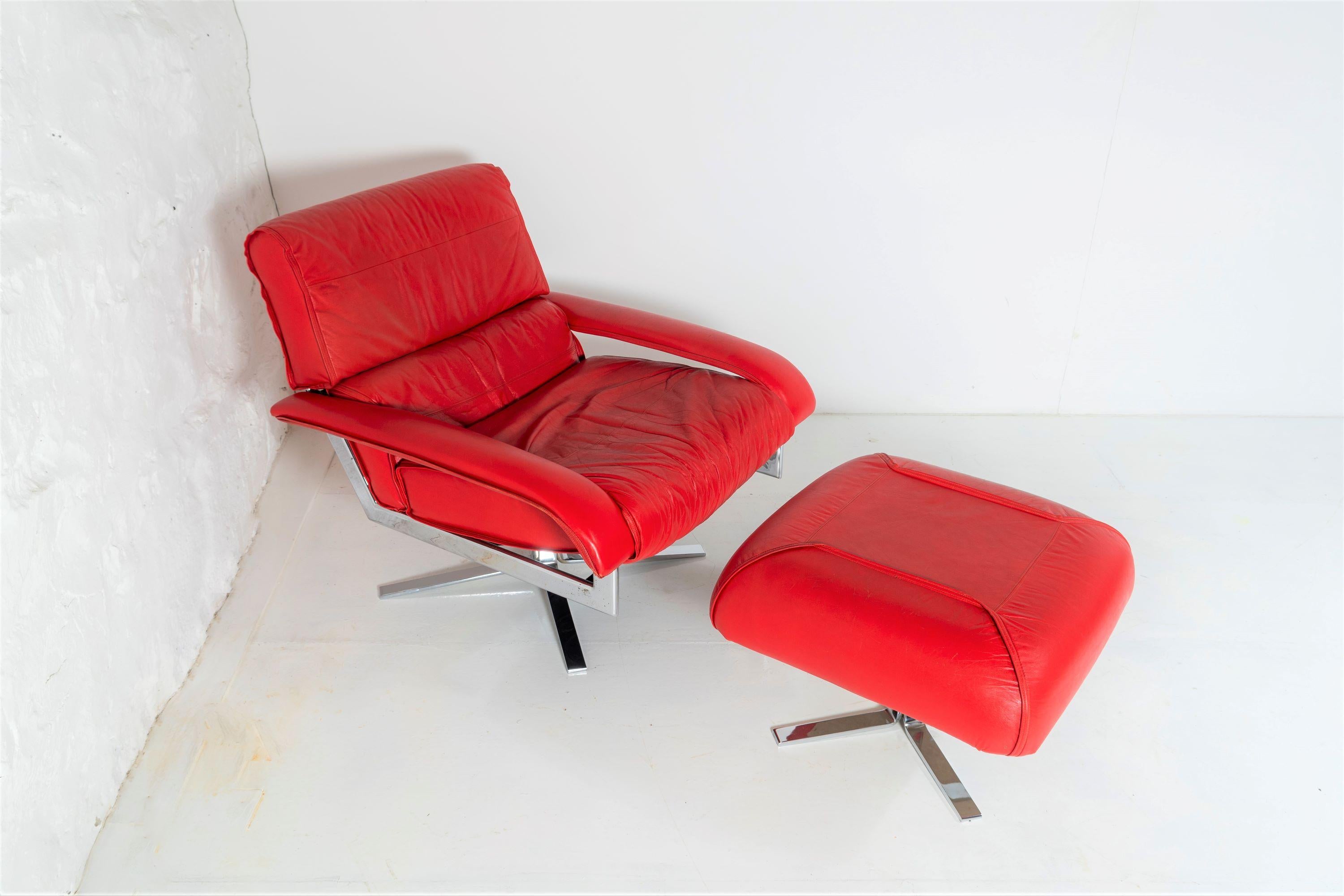 Original Mid Century Red Leather and Chrome Swivel and Armchair Set by Pieff For Sale 9