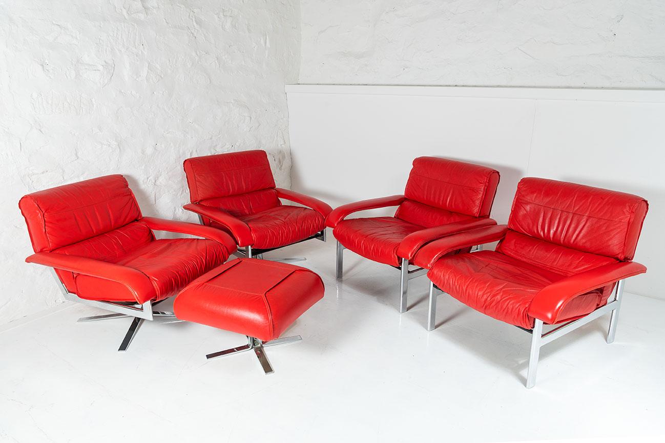 Original Mid Century Red Leather and Chrome Swivel and Armchair Set by Pieff For Sale 13