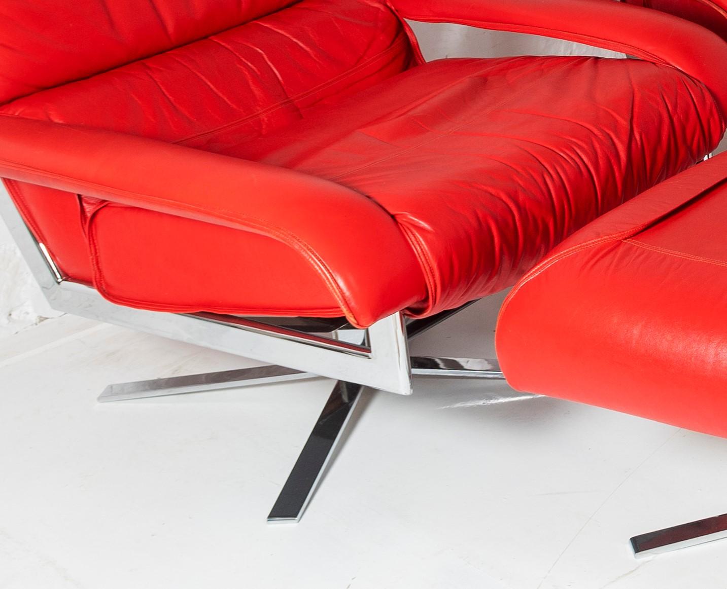 British Original Mid Century Red Leather and Chrome Swivel and Armchair Set by Pieff For Sale