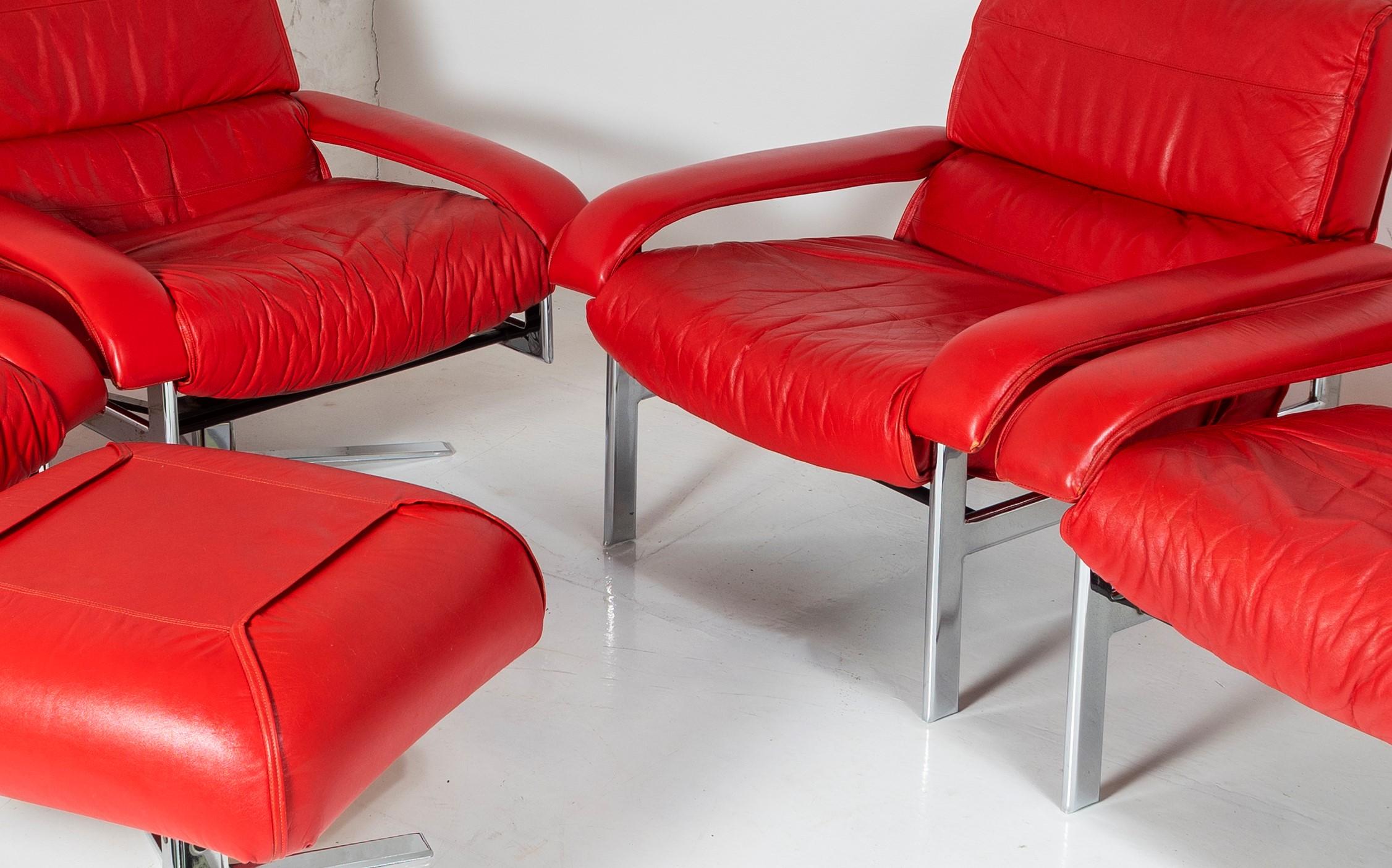 20th Century Original Mid Century Red Leather and Chrome Swivel and Armchair Set by Pieff For Sale