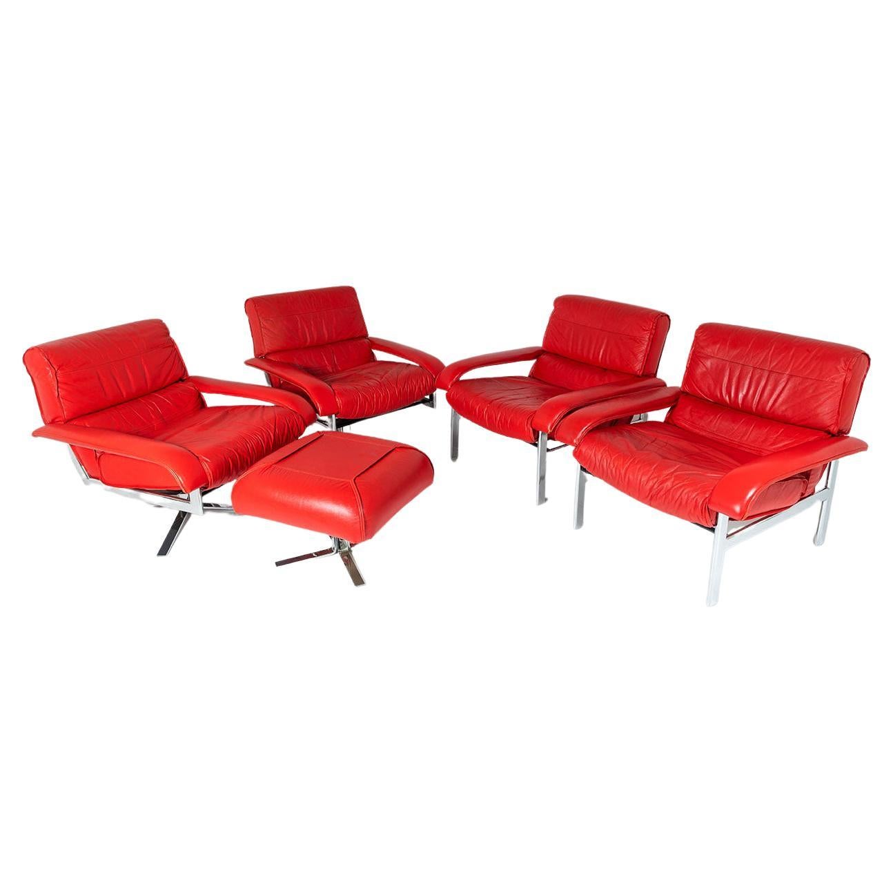 Original Mid Century Red Leather and Chrome Swivel and Armchair Set by Pieff For Sale