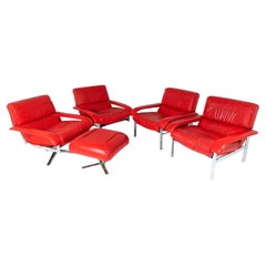 Original Mid Century Red Leather and Chrome Swivel and Armchair Set by Pieff