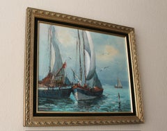 Original Mid Century Seascape Oil Painting! Ocean Ships Sailing Fishing Art 50s