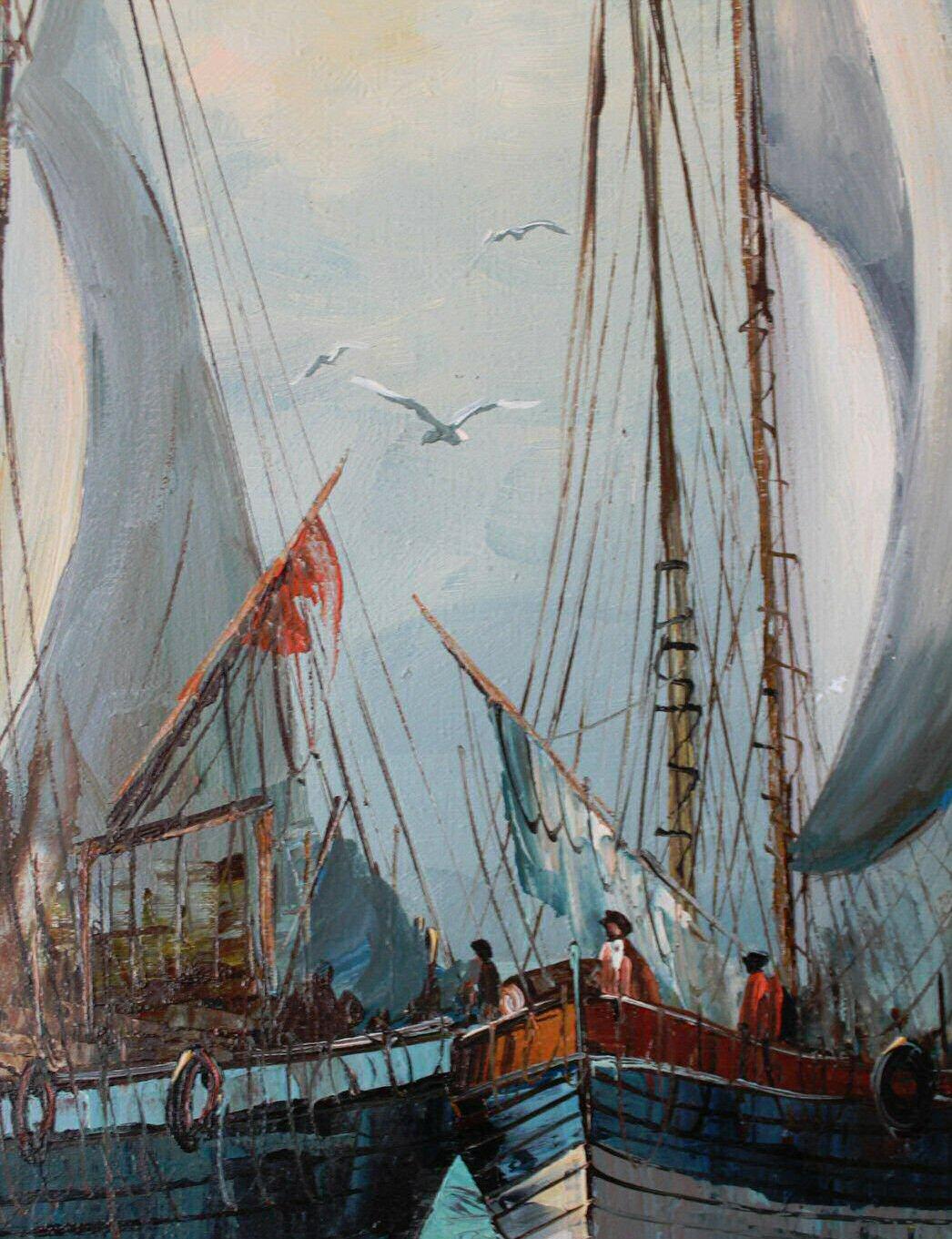 Other Original Mid Century Seascape Oil Painting! Ocean Ships Sailing Fishing Art 50s For Sale
