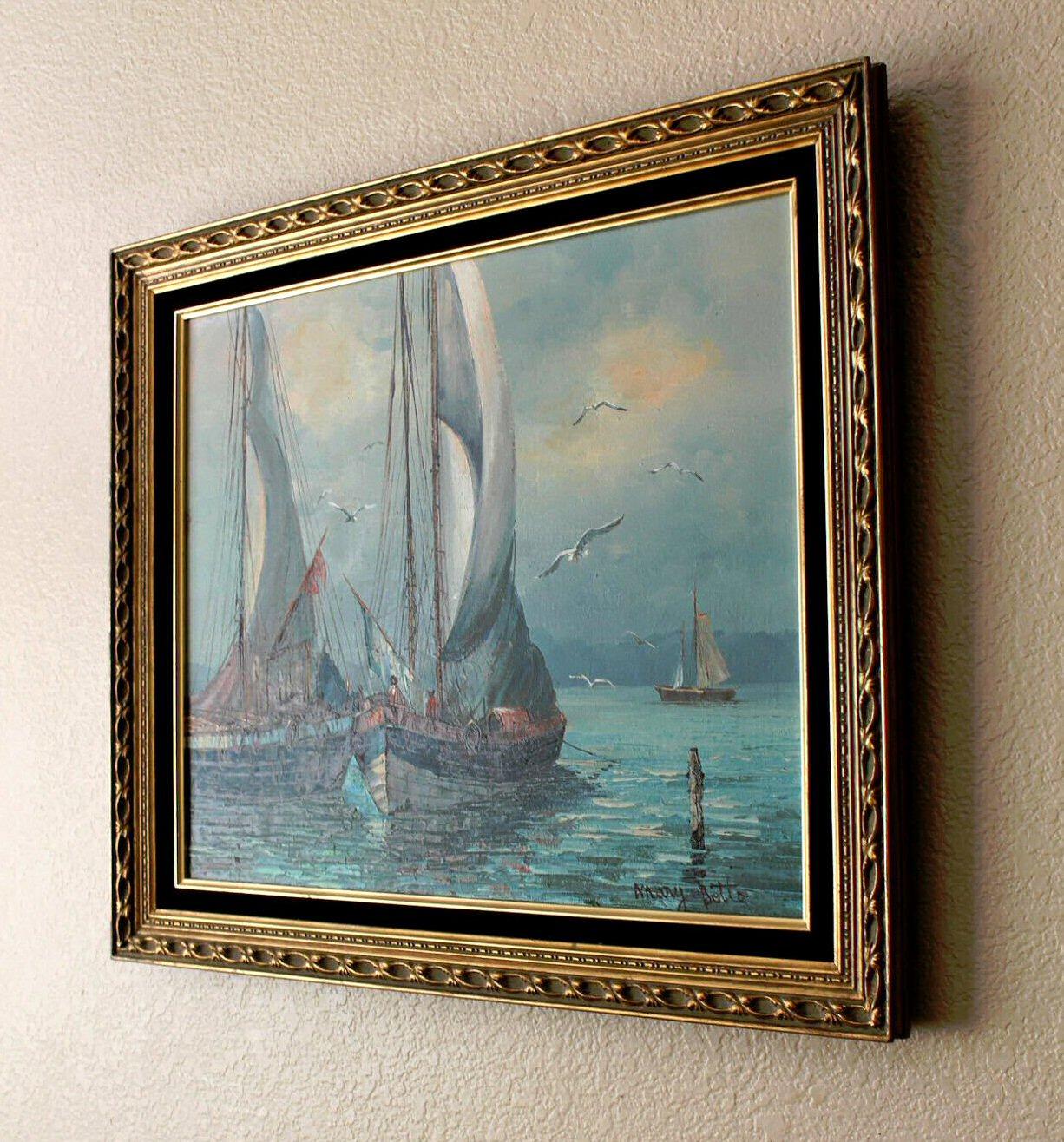 American Original Mid Century Seascape Oil Painting! Ocean Ships Sailing Fishing Art 50s For Sale