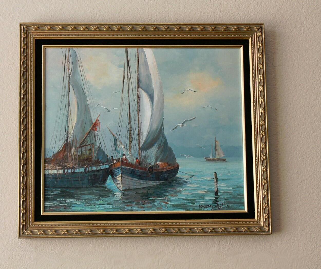 ¡Pintura al óleo original de paisaje marino de mediados de siglo! Barcos Oceánicos Vela Pesca Arte Años 50 en Bueno estado para la venta en Peoria, AZ