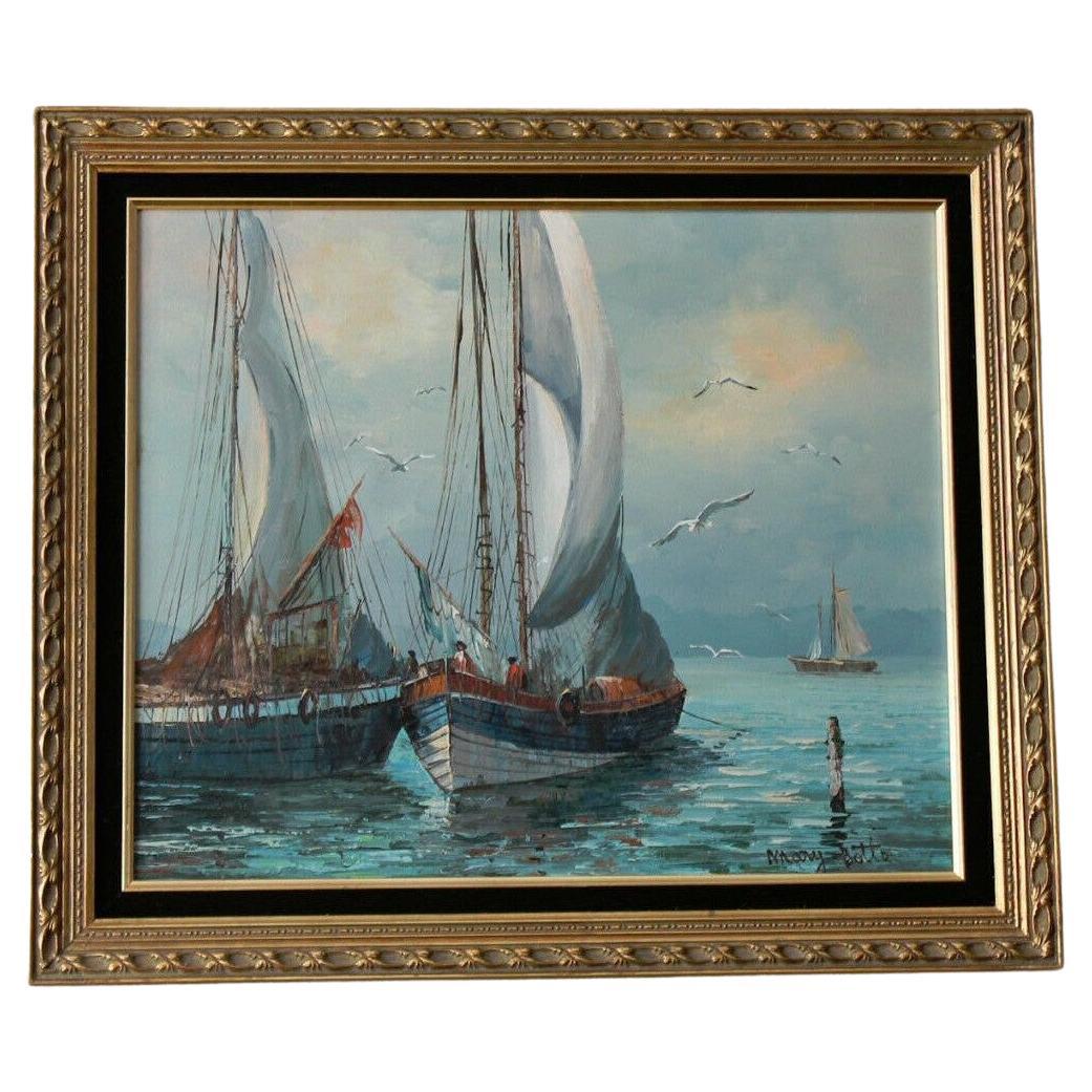 Original Mid Century Seascape Oil Painting! Ocean Ships Sailing Fishing Art 50s For Sale